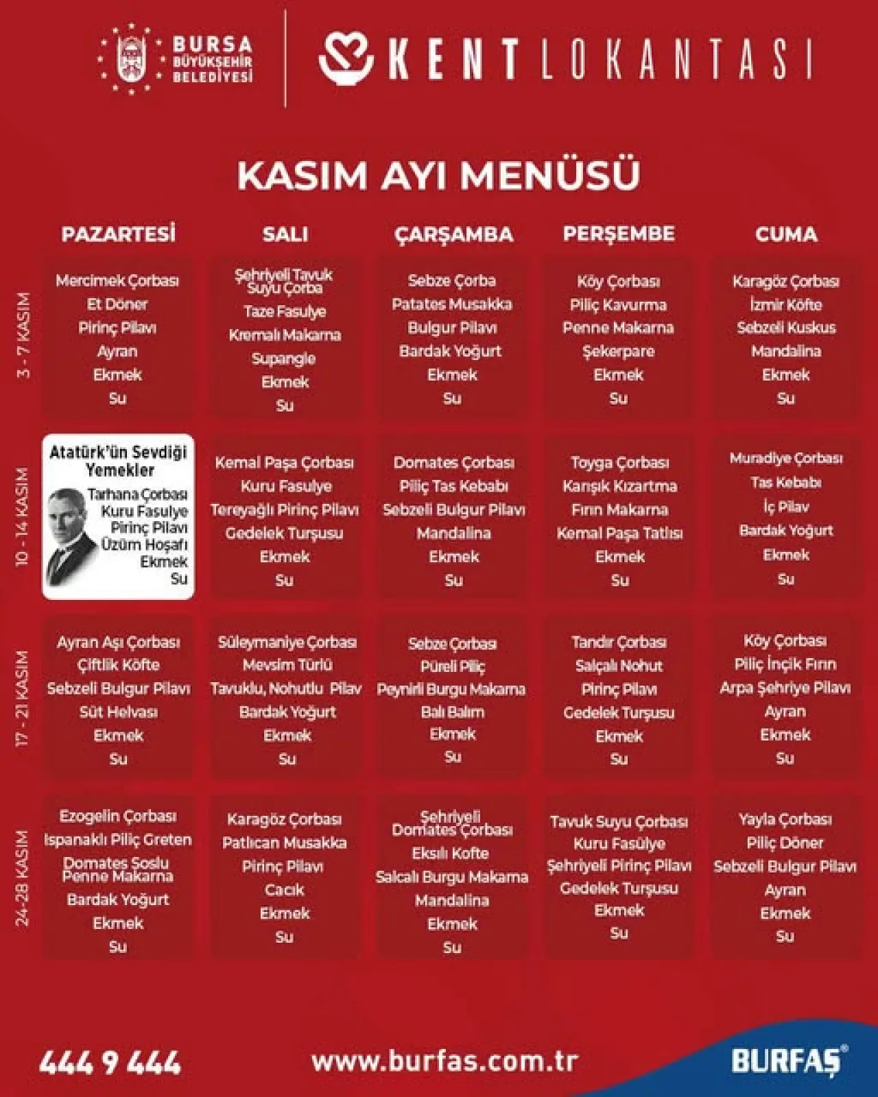Bursa Kent Lokantası'nın Kasım Ayı Menüsü Açıklandı Bursa Kent Lokantası'nın Kasım Ayı Menüsü Açıklandı
