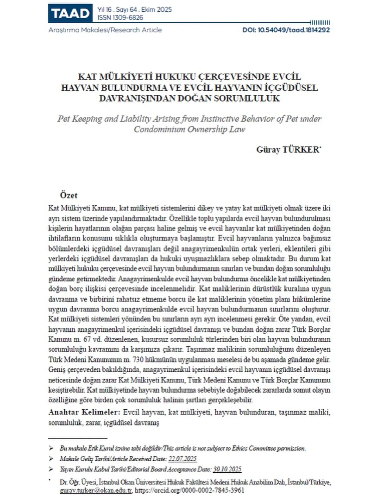 Dr. Güray Türker'den Evcil Hayvan Hukuku Üzerine Önemli Makale Dr. Güray Türker'den Evcil Hayvan Hukuku Üzerine Önemli Makale