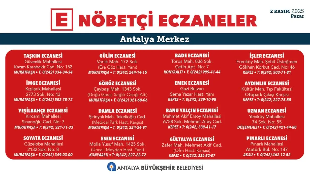 Antalya'da Nöbetçi Eczaneler: 2 Kasım 2025 Pazar Günü Hizmet Veren Eczaneler Antalya'da Nöbetçi Eczaneler: 2 Kasım 2025 Pazar Günü Hizmet Veren Eczaneler