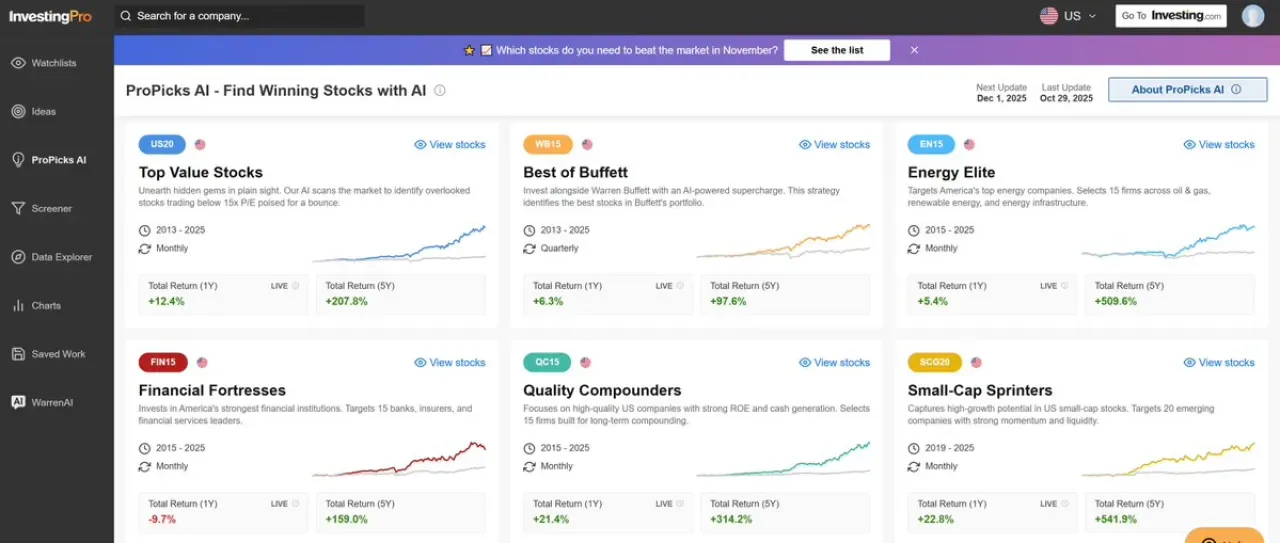 Investing.com Pro'nun Yapay Zeka Destekli Kasım Ayı Hisse Seçimleri Açıklanıyor Investing.com Pro'nun Yapay Zeka Destekli Kasım Ayı Hisse Seçimleri Açıklanıyor