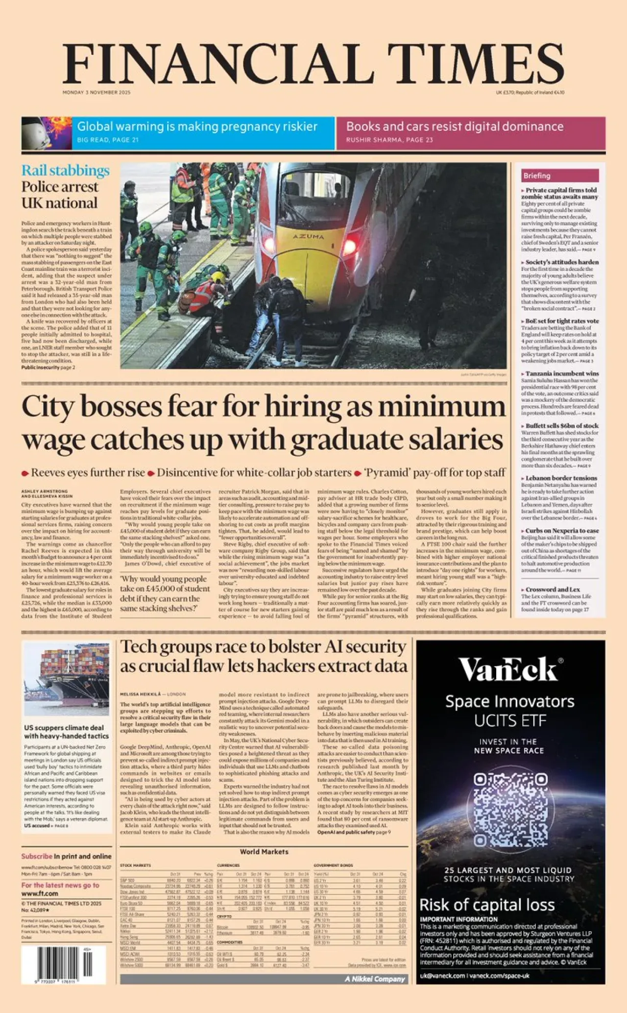 Financial Times, 3 Kasım İngiltere Baskısının Ön Sayfasını Yayımladı Financial Times, 3 Kasım İngiltere Baskısının Ön Sayfasını Yayımladı