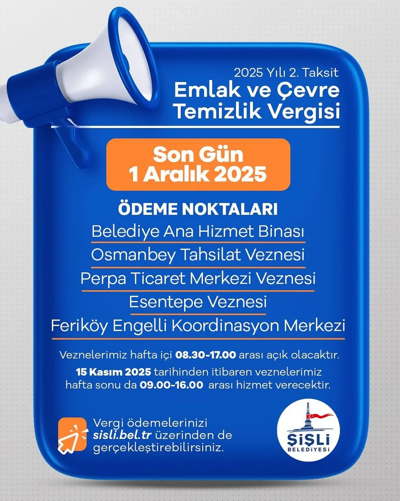 Şişli'de Emlak ve Çevre Temizlik Vergisi İkinci Taksit Ödemeleri İçin Son Tarih 1 Aralık Şişli'de Emlak ve Çevre Temizlik Vergisi İkinci Taksit Ödemeleri İçin Son Tarih 1 Aralık
