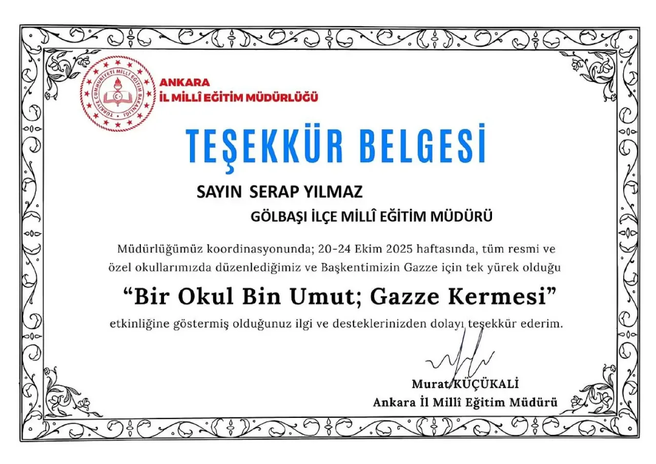 Gölbaşı Okulları, Gazze İçin "Bir Okul Bin Umut" Kampanyasında Ödül Kazandı Gölbaşı Okulları, Gazze İçin "Bir Okul Bin Umut" Kampanyasında Ödül Kazandı