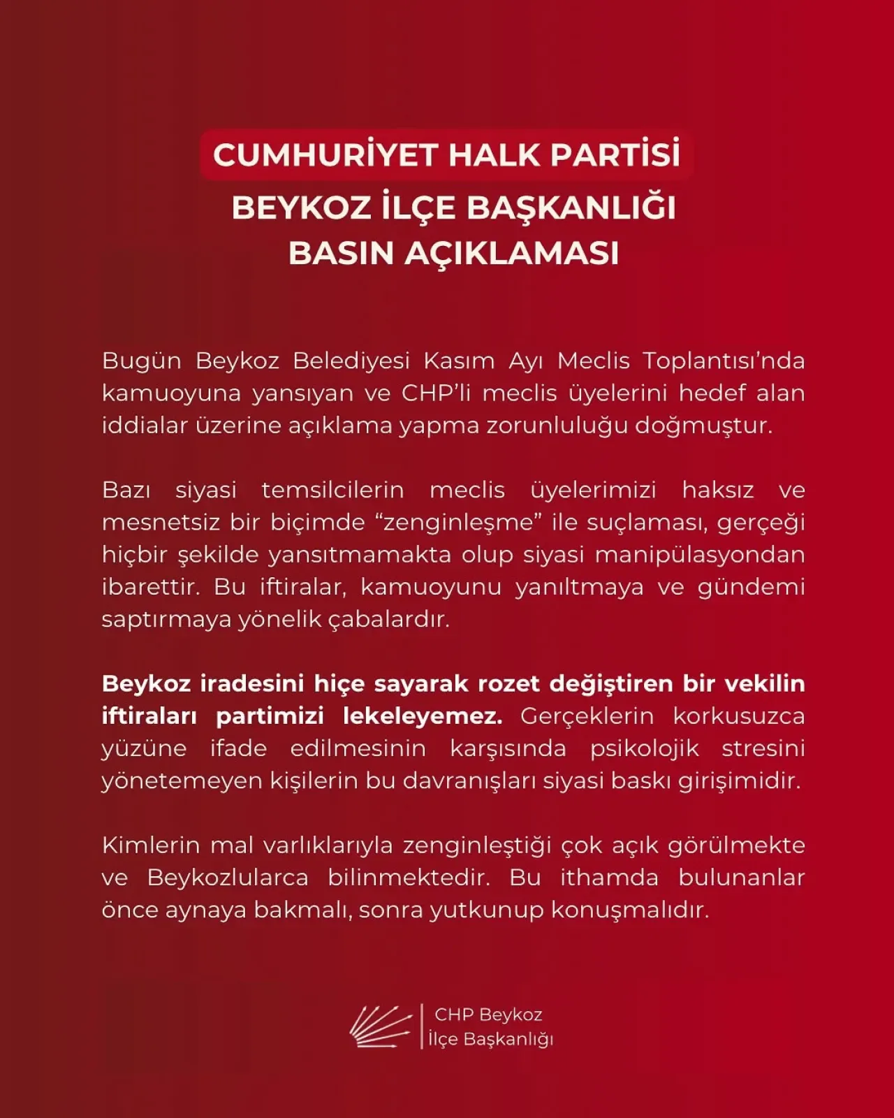 CHP Beykoz'dan Meclisteki İftira ve Usulsüzlük İddialarına Sert Tepki CHP Beykoz'dan Meclisteki İftira ve Usulsüzlük İddialarına Sert Tepki
