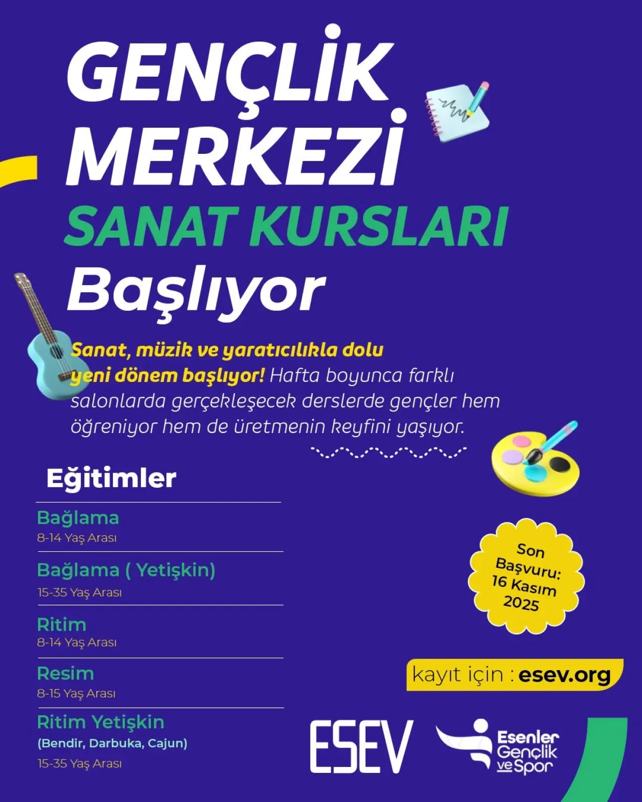 Esenler'de Gençlere Ücretsiz Sanat Kursları: Bağlama, Ritim ve Resim Esenler'de Gençlere Ücretsiz Sanat Kursları: Bağlama, Ritim ve Resim