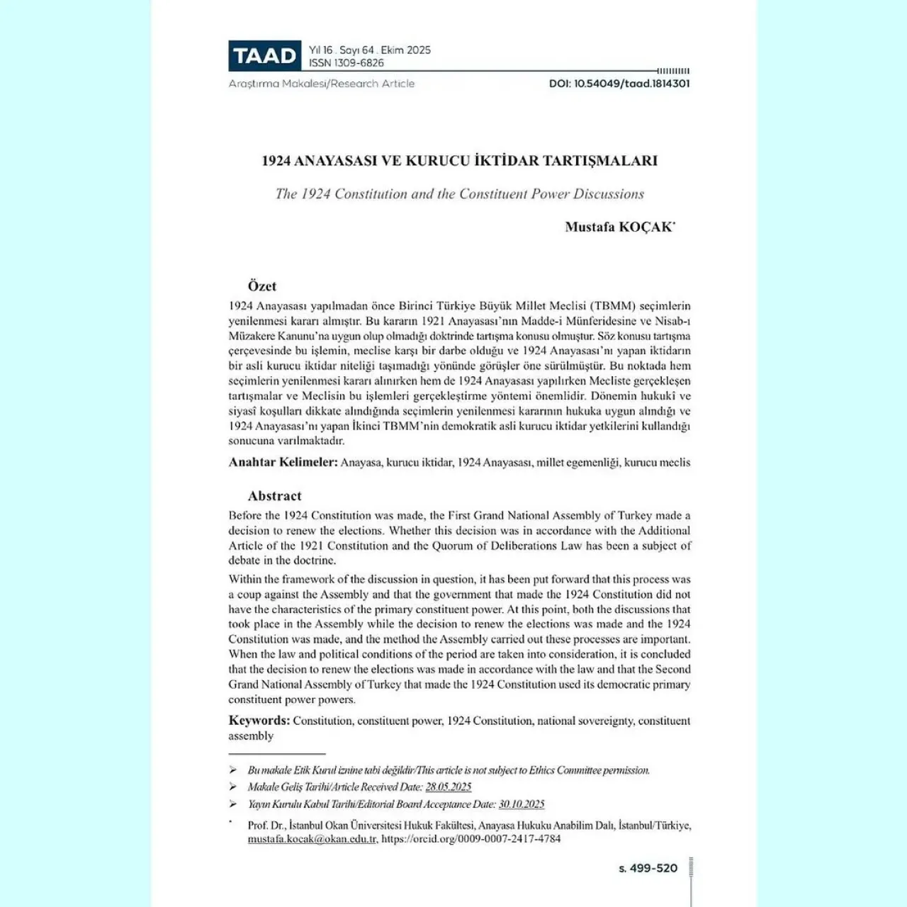 Prof. Dr. Mustafa Koçak'ın Makalesi Türkiye Adalet Akademisi Dergisi'nde Yayınlandı Prof. Dr. Mustafa Koçak'ın Makalesi Türkiye Adalet Akademisi Dergisi'nde Yayınlandı