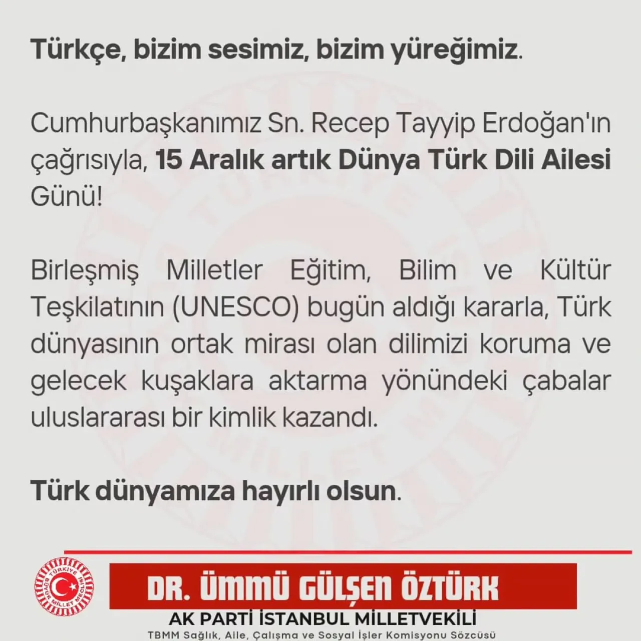 UNESCO 15 Aralık'ı Dünya Türk Dili Ailesi Günü İlan Etti UNESCO 15 Aralık'ı Dünya Türk Dili Ailesi Günü İlan Etti