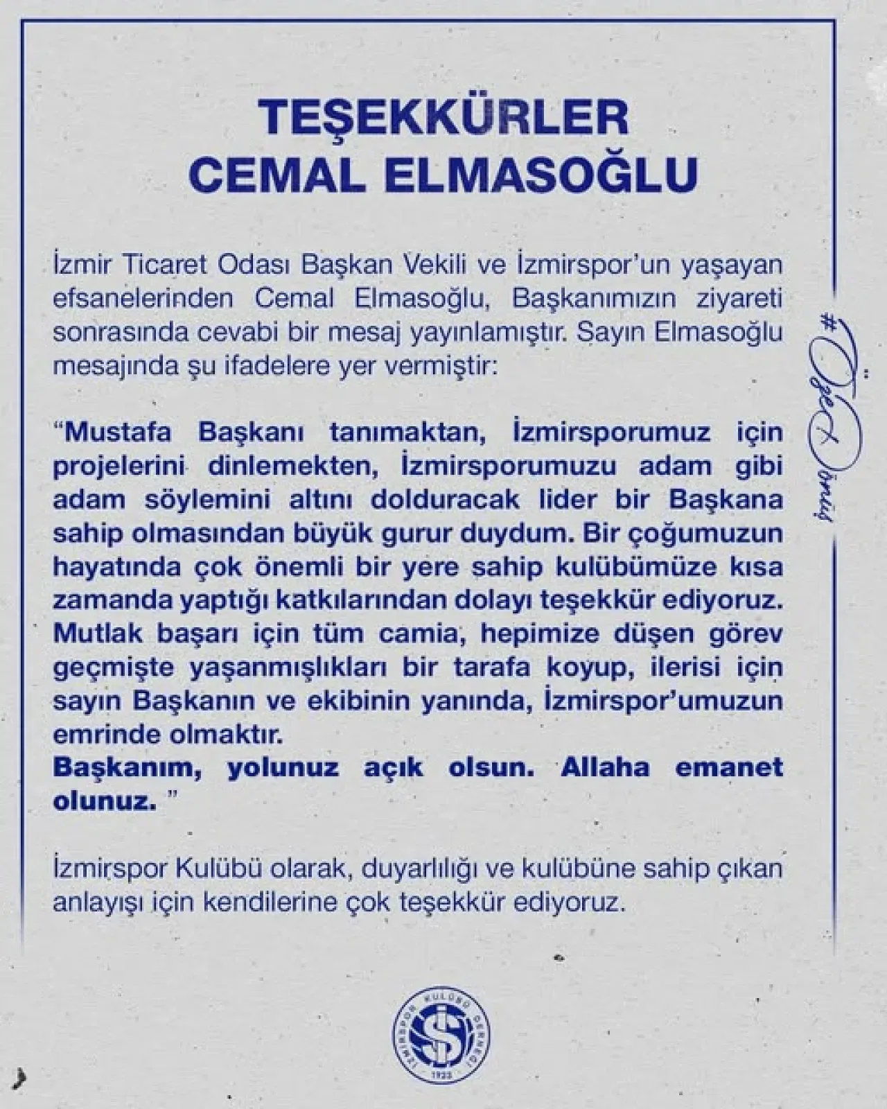 İzmirspor Efsanesi Cemal Elmasoğlu'ndan Başkan Mustafa'ya Tam Destek İzmirspor Efsanesi Cemal Elmasoğlu'ndan Başkan Mustafa'ya Tam Destek