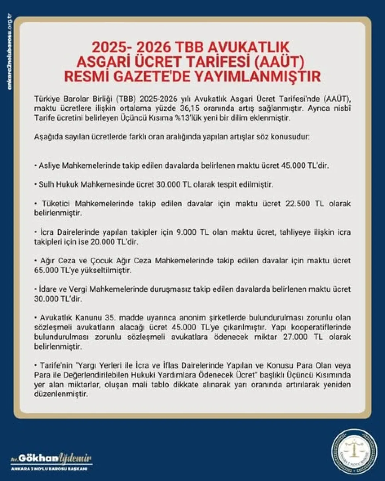 2025-2026 Avukatlık Asgari Ücret Tarifesi Resmi Gazete'de Yayımlandı 2025-2026 Avukatlık Asgari Ücret Tarifesi Resmi Gazete'de Yayımlandı