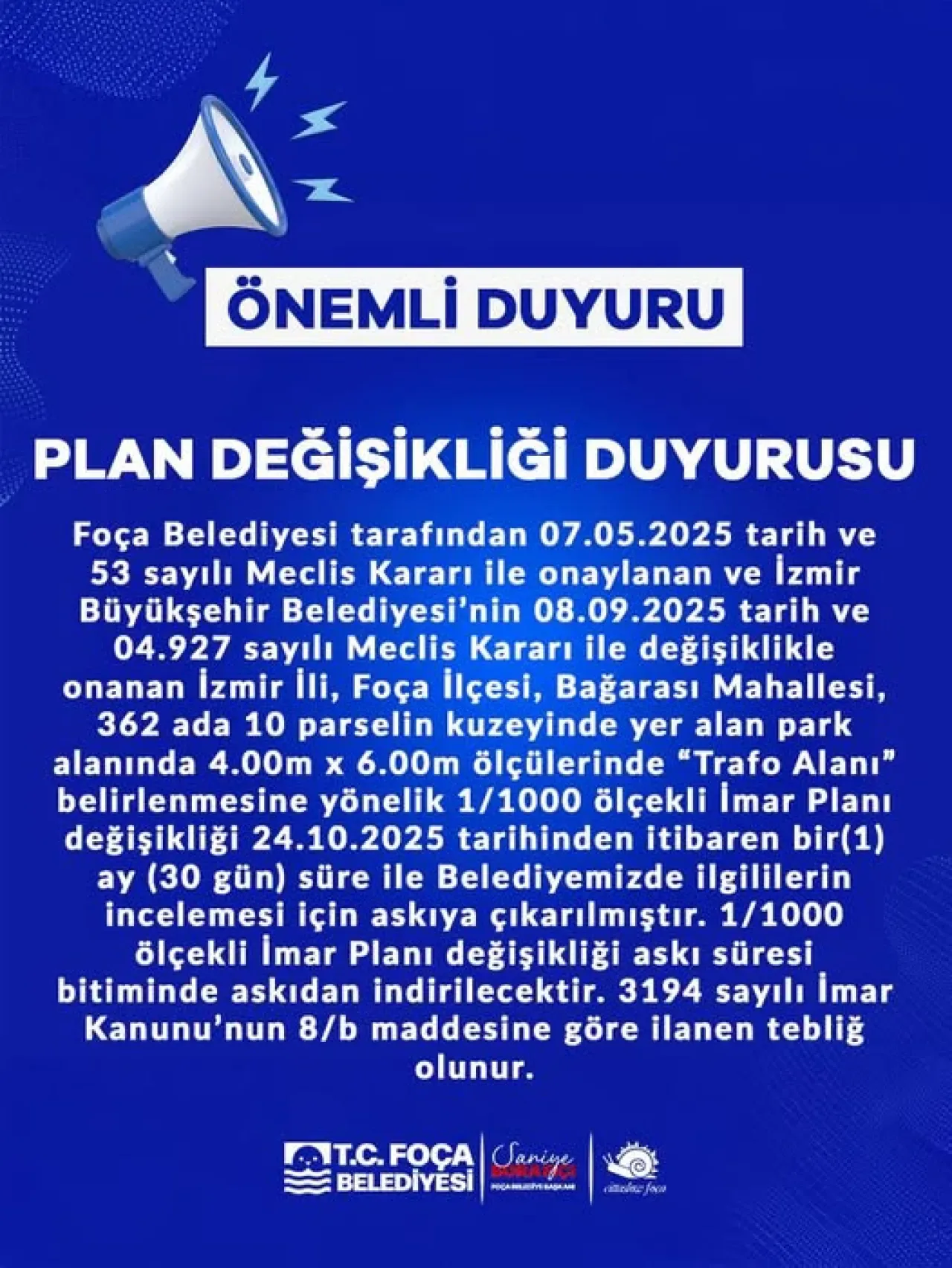 Foça Bağarası Mahallesi'nde İmar Planı Değişikliği: Park Alanında Trafo Tesisi Foça Bağarası Mahallesi'nde İmar Planı Değişikliği: Park Alanında Trafo Tesisi