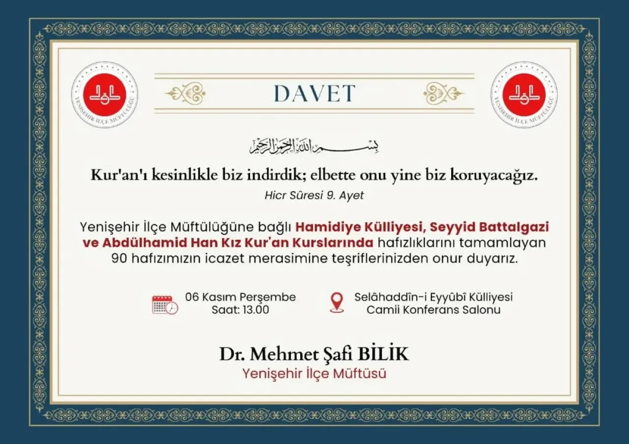 Bursa Yenişehir'de 90 Hafız İcazet Merasimi ile Taçlanacak Bursa Yenişehir'de 90 Hafız İcazet Merasimi ile Taçlanacak