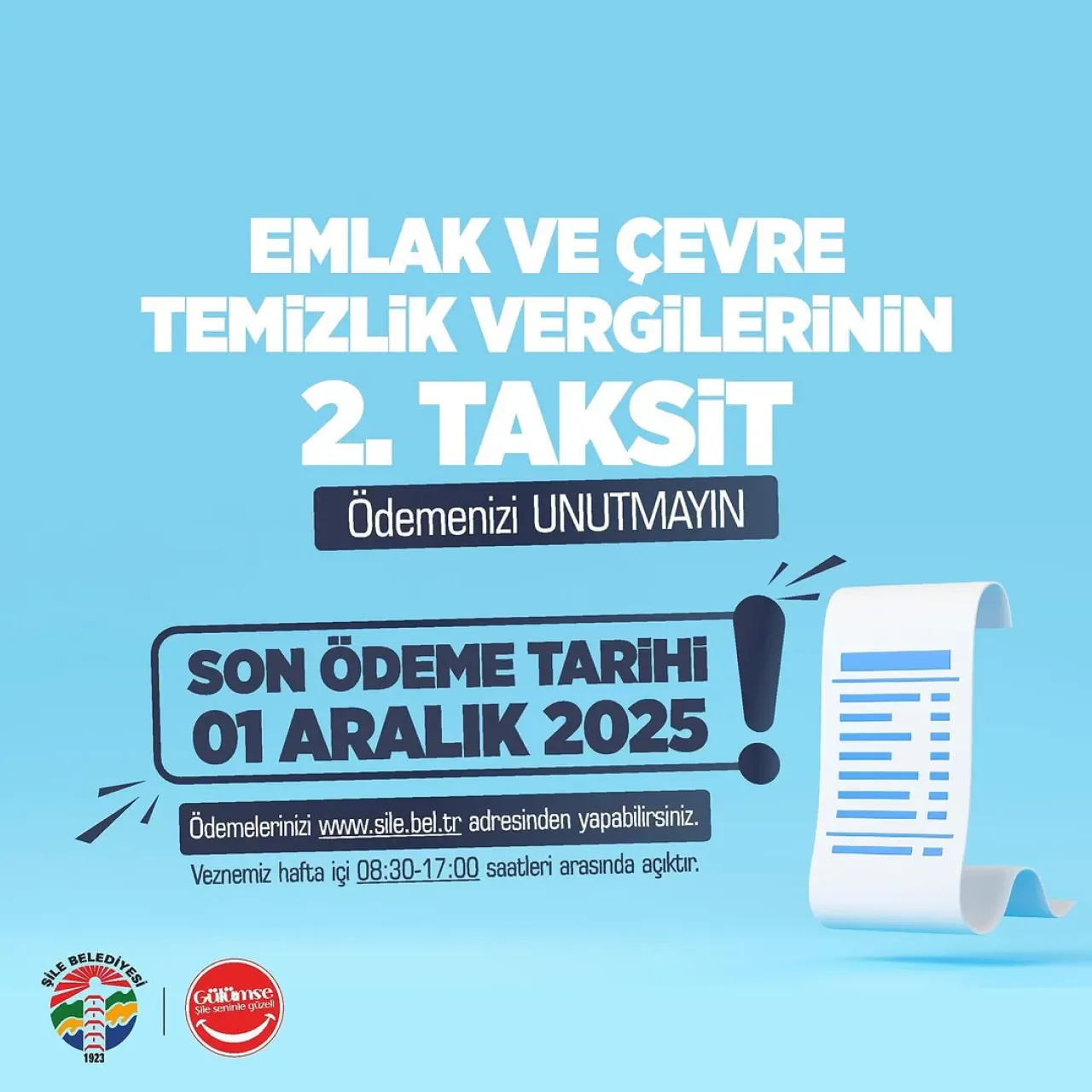 Şile'de Emlak ve Çevre Temizlik Vergisi İkinci Taksit Son Ödeme Tarihi 1 Aralık Şile'de Emlak ve Çevre Temizlik Vergisi İkinci Taksit Son Ödeme Tarihi 1 Aralık