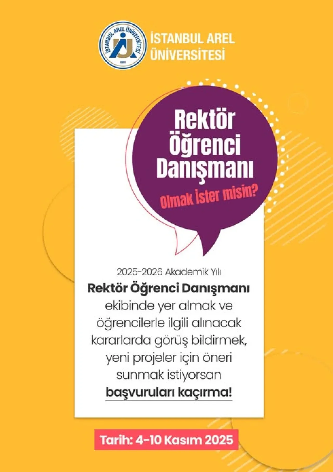 İstanbul Arel Üniversitesi'nde Öğrenciler Rektör Danışmanı Olma Fırsatı Bulacak İstanbul Arel Üniversitesi'nde Öğrenciler Rektör Danışmanı Olma Fırsatı Bulacak