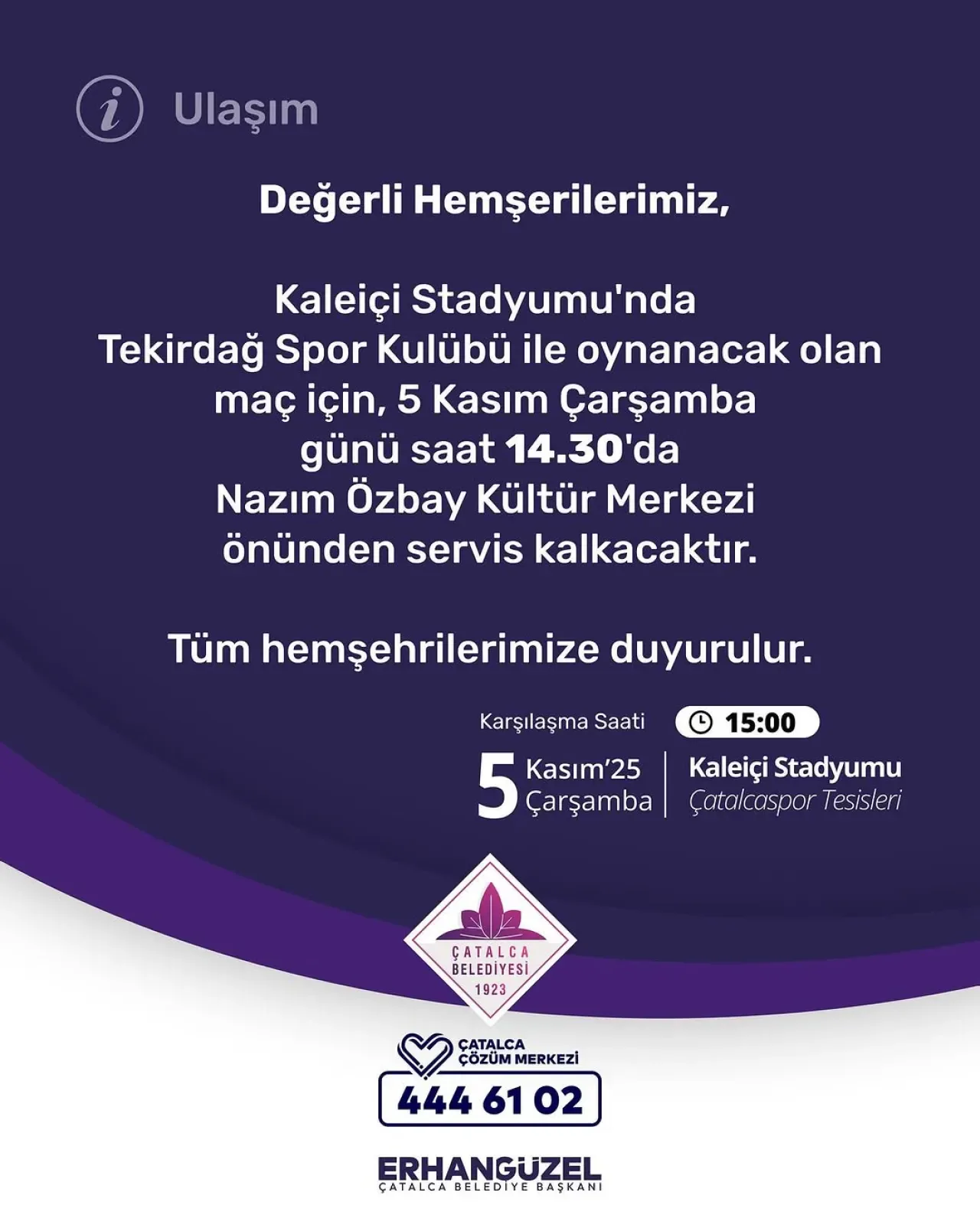 Çatalca'da Tekirdağ Spor Maçı İçin Ücretsiz Servis Duyurusu Çatalca'da Tekirdağ Spor Maçı İçin Ücretsiz Servis Duyurusu