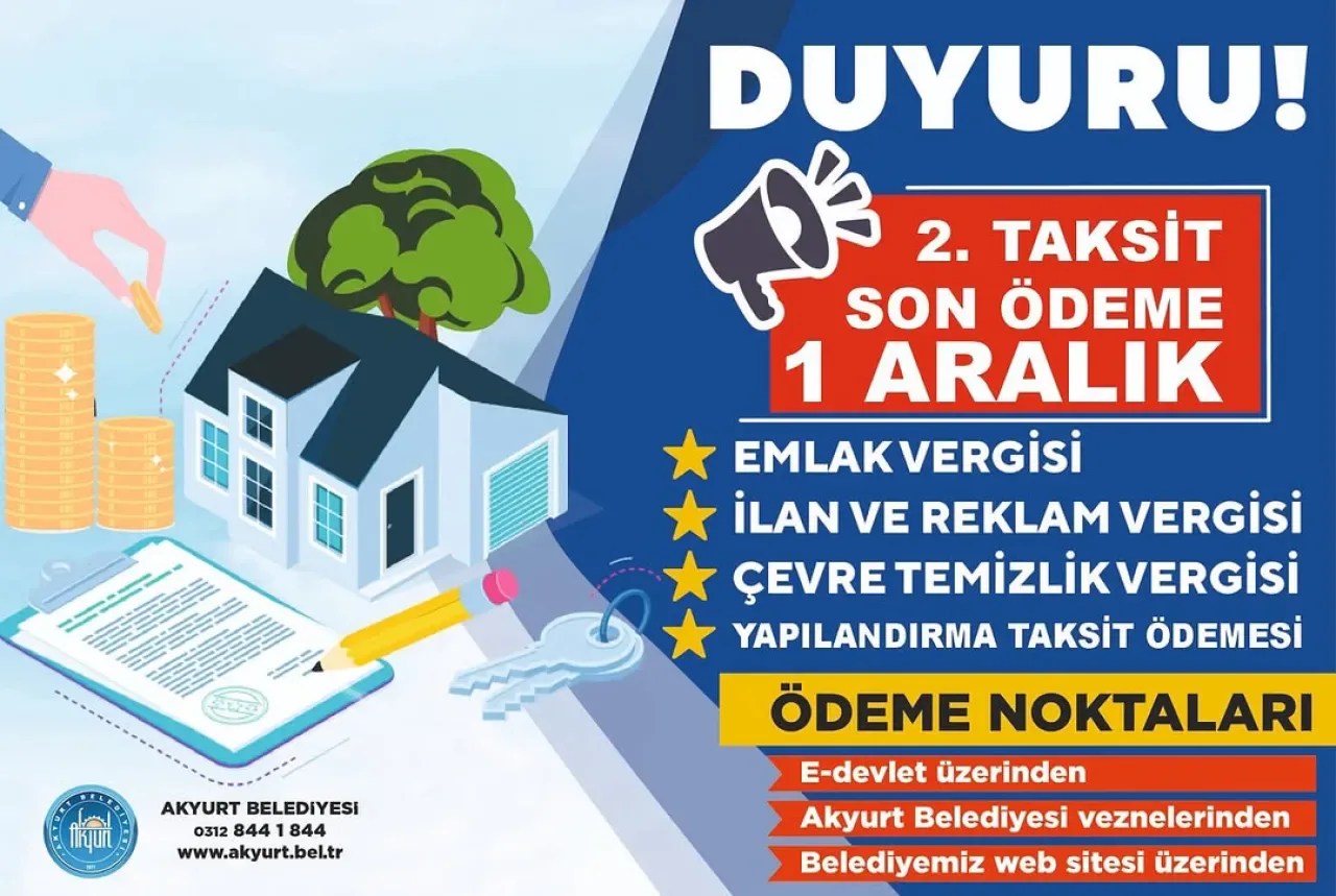 Akyurt Belediyesi Emlak ve Çevre Temizlik Vergisi Taksitleri İçin Son Gün Akyurt Belediyesi Emlak ve Çevre Temizlik Vergisi Taksitleri İçin Son Gün