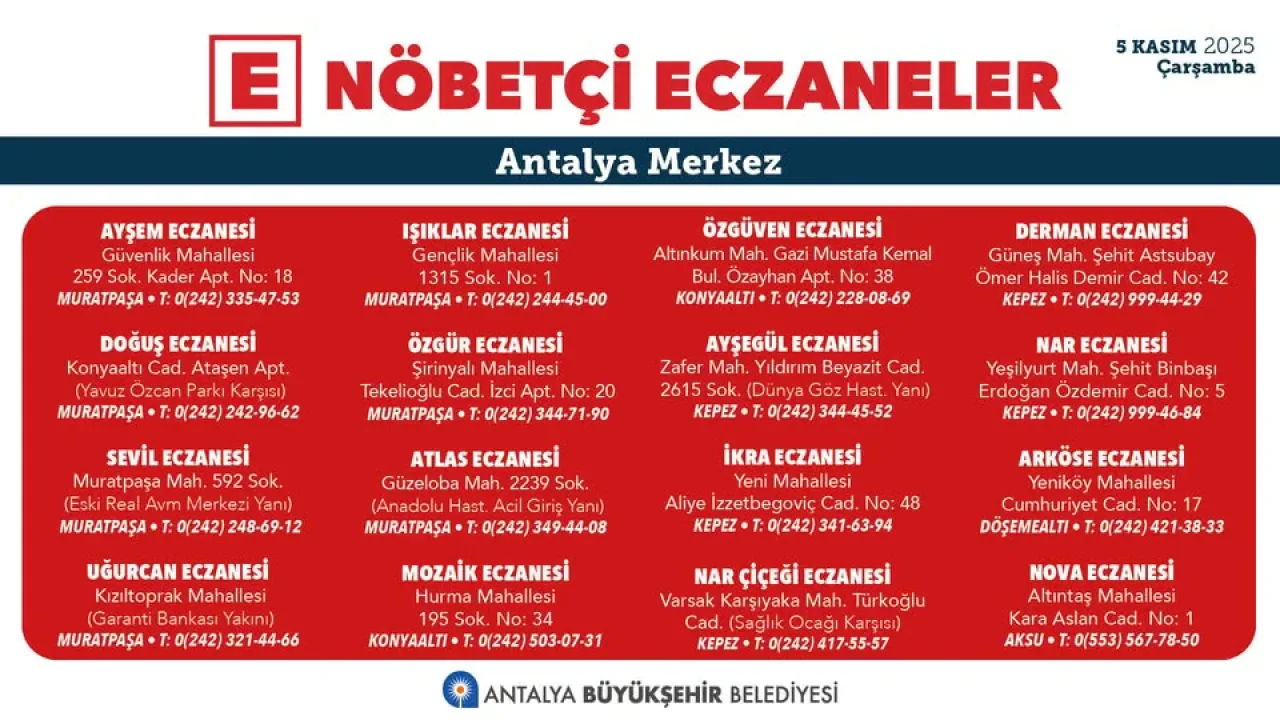 Antalya'da Nöbetçi Eczaneler: 5 Kasım 2025 Çarşamba Günü Hizmet Verecek Eczaneler Antalya'da Nöbetçi Eczaneler: 5 Kasım 2025 Çarşamba Günü Hizmet Verecek Eczaneler