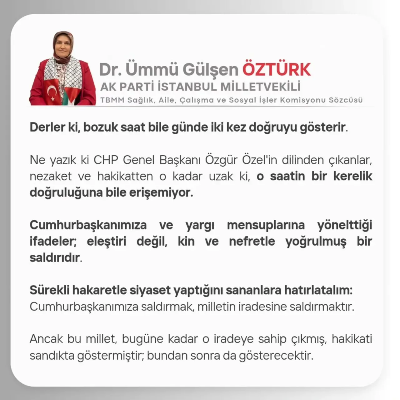 AK Partili Milletvekili Öztürk'ten Özgür Özel'e Sert Tepki: "Eleştiri Değil, Nefret Söylemi" AK Partili Milletvekili Öztürk'ten Özgür Özel'e Sert Tepki: "Eleştiri Değil, Nefret Söylemi"