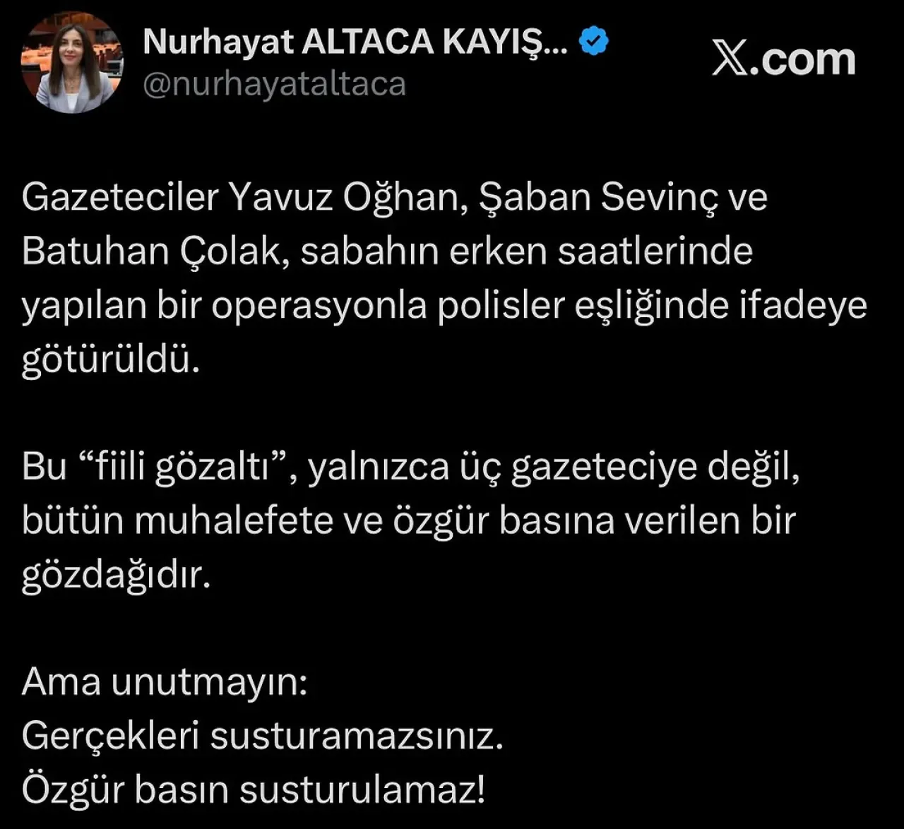 CHP'li Altaca Kayışoğlu: Gazetecilere Yönelik Operasyon Özgür Basına Gözdağıdır CHP'li Altaca Kayışoğlu: Gazetecilere Yönelik Operasyon Özgür Basına Gözdağıdır
