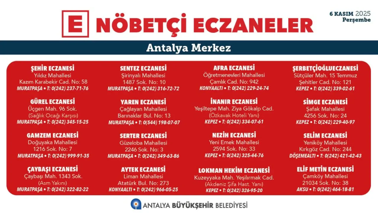 Antalya'da Nöbetçi Eczaneler Antalya'da Nöbetçi Eczaneler