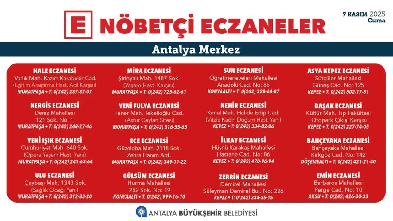 Antalya'da 7 Kasım 2025 Cuma Günü Nöbetçi Eczaneler Antalya'da 7 Kasım 2025 Cuma Günü Nöbetçi Eczaneler