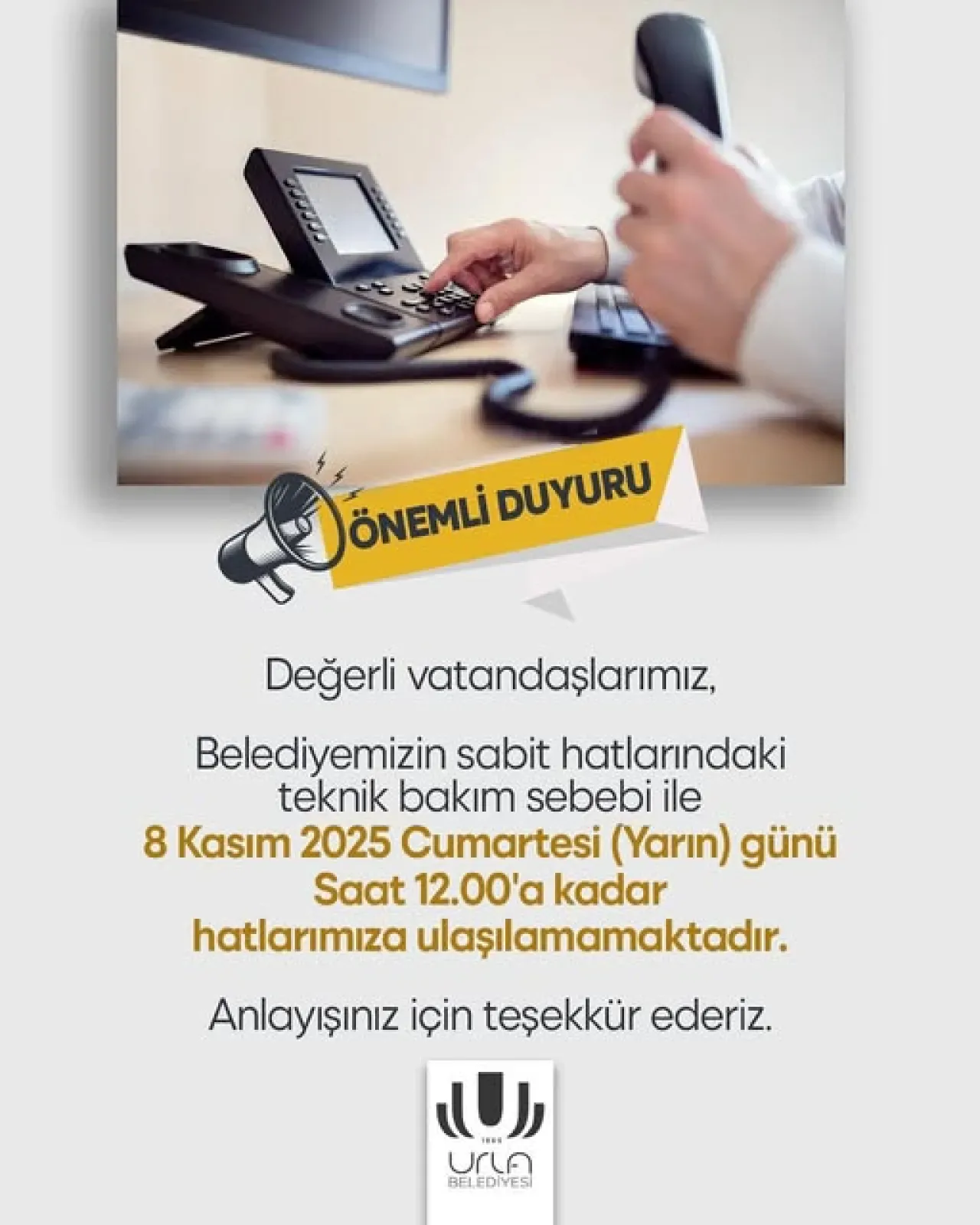 İzmir Urla Belediyesi Telefon Hatlarında Yarın Bakım Çalışması İzmir Urla Belediyesi Telefon Hatlarında Yarın Bakım Çalışması