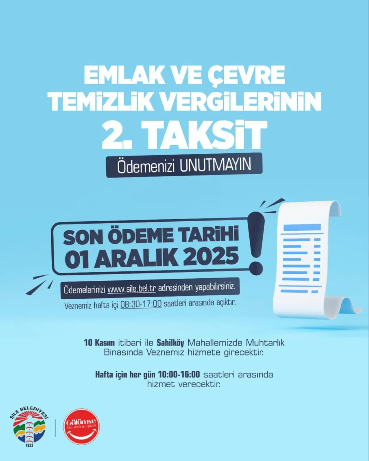 Şile Belediyesi Emlak ve Çevre Temizlik Vergisi İkinci Taksit Son Ödeme Tarihi 1 Aralık Şile Belediyesi Emlak ve Çevre Temizlik Vergisi İkinci Taksit Son Ödeme Tarihi 1 Aralık