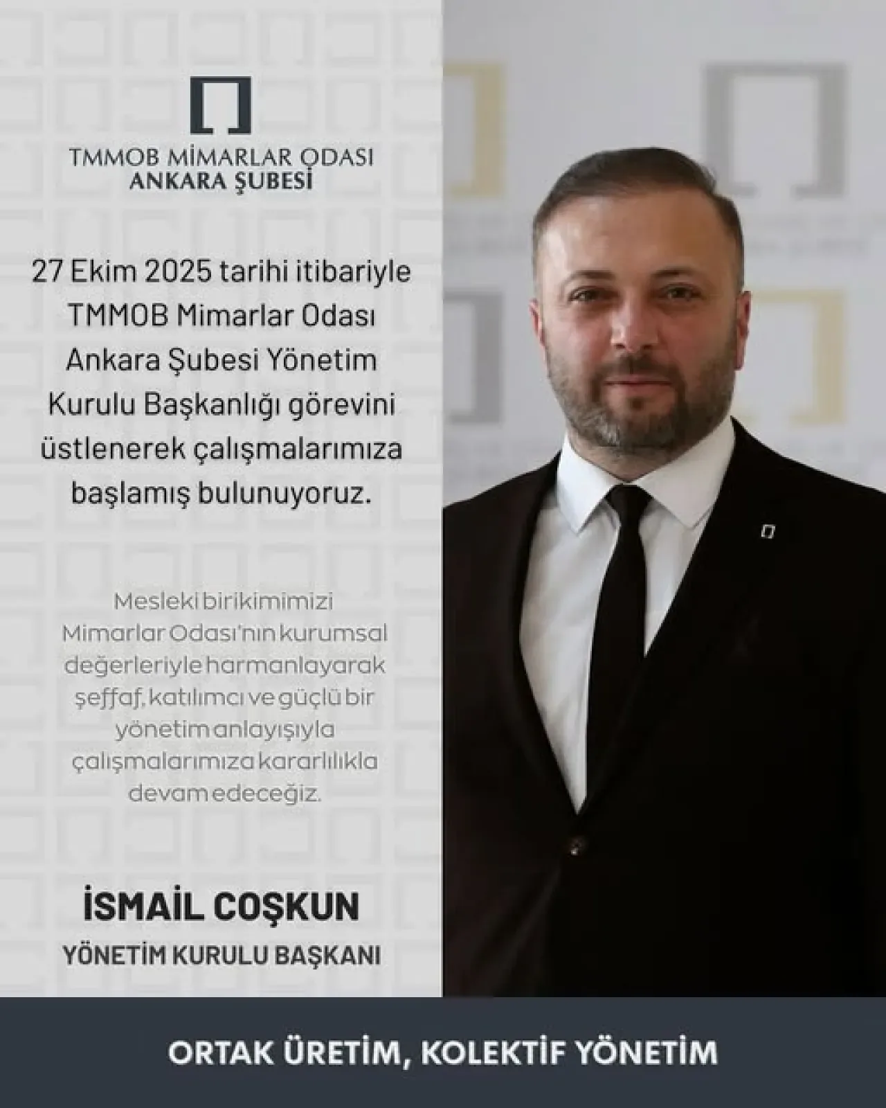 TMMOB Mimarlar Odası Ankara Şubesi'nde Yeni Başkan İsmail Coşkun Oldu TMMOB Mimarlar Odası Ankara Şubesi'nde Yeni Başkan İsmail Coşkun Oldu