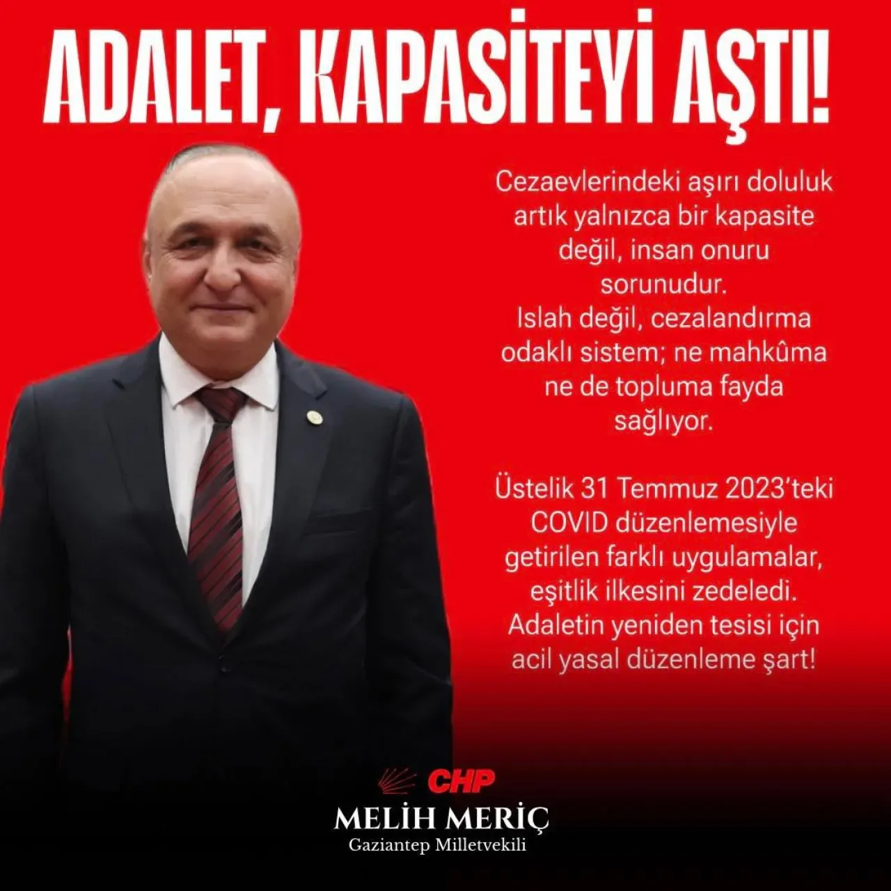 Gaziantep Milletvekili Melih Meriç'ten Adalet Sistemine Eleştiri: Cezaevlerindeki Aşırı Doluluk İnsan Onuru Sorunu Gaziantep Milletvekili Melih Meriç'ten Adalet Sistemine Eleştiri: Cezaevlerindeki Aşırı Doluluk İnsan Onuru Sorunu