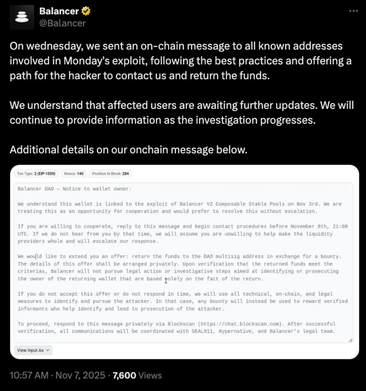 Balancer'dan 100 Milyon Dolarlık Hack'e İlişkin Onchain Uyarı ve Ödül Teklifi Balancer'dan 100 Milyon Dolarlık Hack'e İlişkin Onchain Uyarı ve Ödül Teklifi