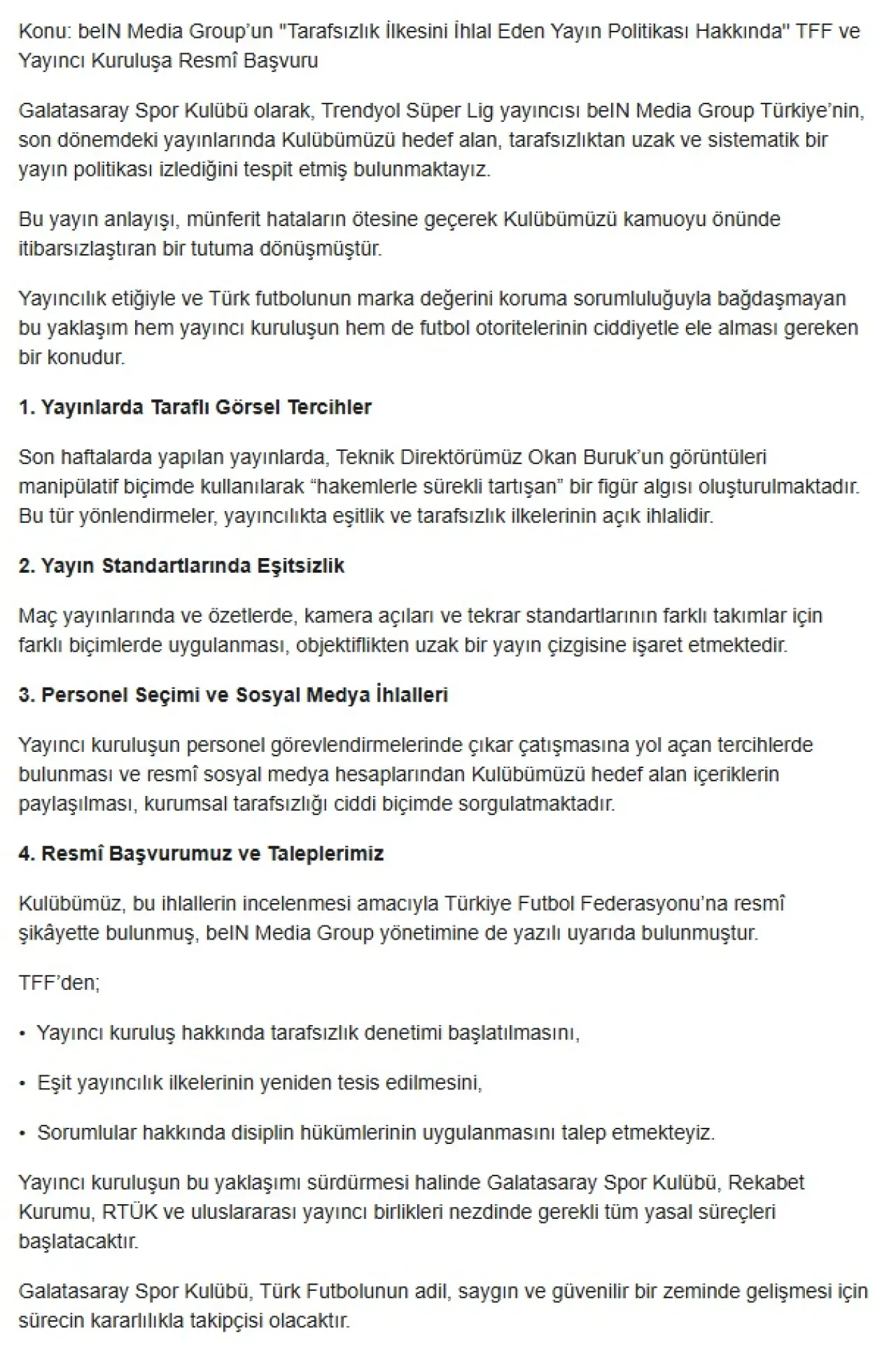 Galatasaray'dan beIN Sports'a Tarafsızlık Tepkisi Galatasaray'dan beIN Sports'a Tarafsızlık Tepkisi