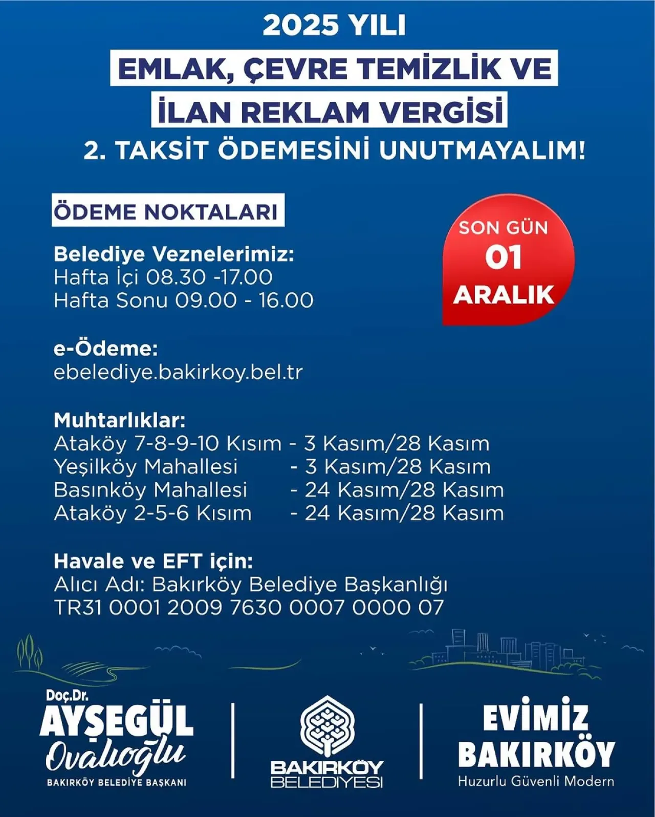 Bakırköy'de Emlak ve Temizlik Vergisi İkinci Taksit Ödemeleri İçin Son Tarih 1 Aralık Bakırköy'de Emlak ve Temizlik Vergisi İkinci Taksit Ödemeleri İçin Son Tarih 1 Aralık