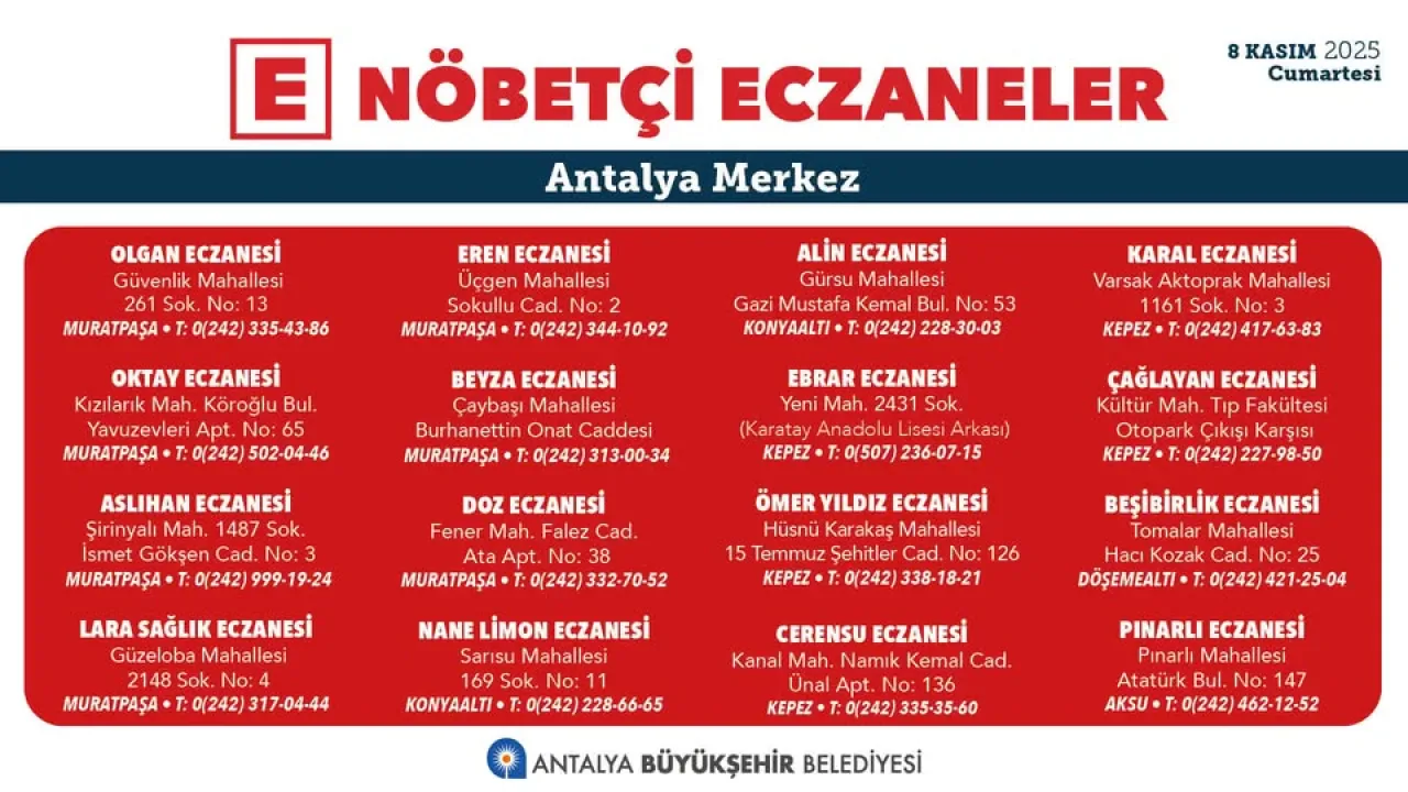 Antalya'da 8 Kasım Cumartesi Günü Hizmet Verecek Nöbetçi Eczaneler Antalya'da 8 Kasım Cumartesi Günü Hizmet Verecek Nöbetçi Eczaneler