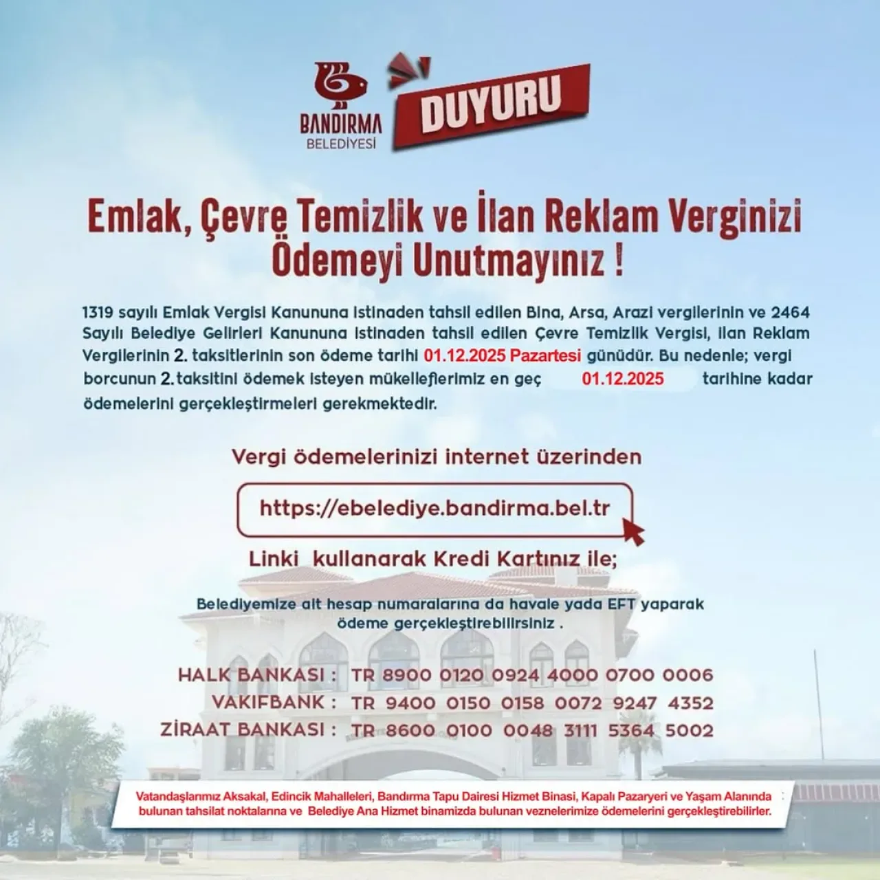 Bandırma'da Emlak ve Çevre Vergisi İkinci Taksit Son Ödeme Tarihi 1 Aralık Bandırma'da Emlak ve Çevre Vergisi İkinci Taksit Son Ödeme Tarihi 1 Aralık