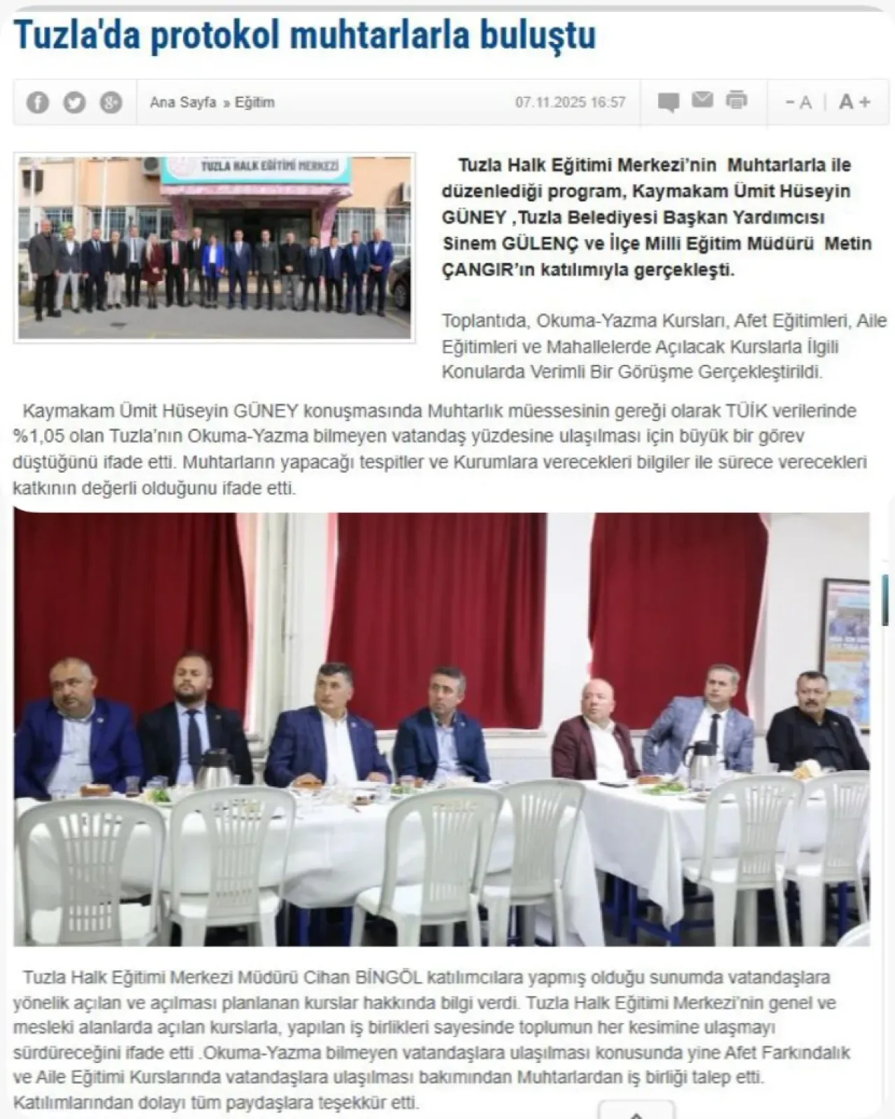 Tuzla'da Muhtarlarla Protokol Buluşması Gerçekleşti Tuzla'da Muhtarlarla Protokol Buluşması Gerçekleşti