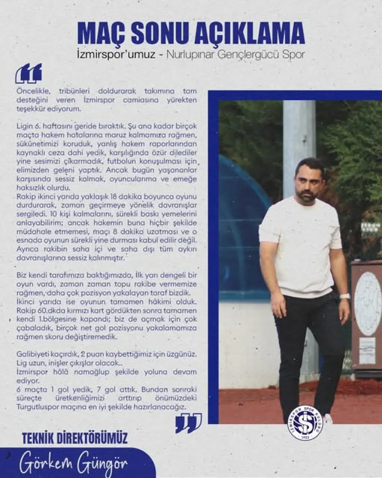 İzmirspor Teknik Direktörü Görkem Güngör'den Manisa 1965 Maçı Değerlendirmesi İzmirspor Teknik Direktörü Görkem Güngör'den Manisa 1965 Maçı Değerlendirmesi