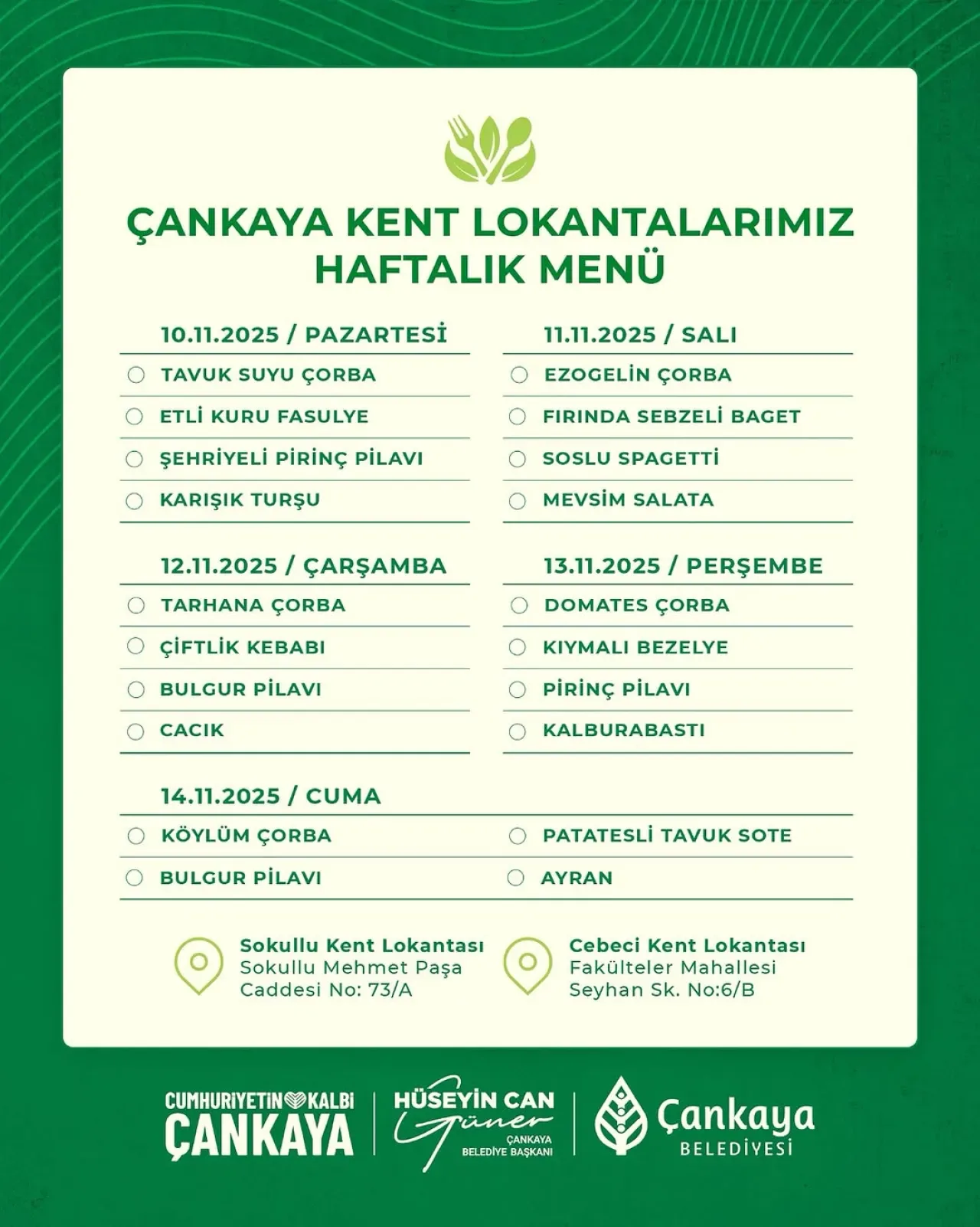 Çankaya Kent Lokantası Haftalık Menüsü ile Hizmet Veriyor Çankaya Kent Lokantası Haftalık Menüsü ile Hizmet Veriyor