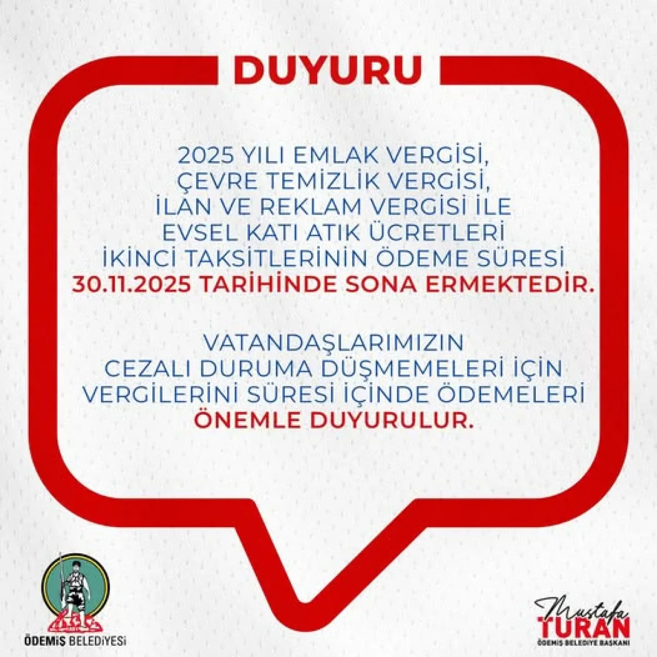 Ödemiş'te Vergi Ödemeleri İçin Son Tarih 30 Kasım Ödemiş'te Vergi Ödemeleri İçin Son Tarih 30 Kasım
