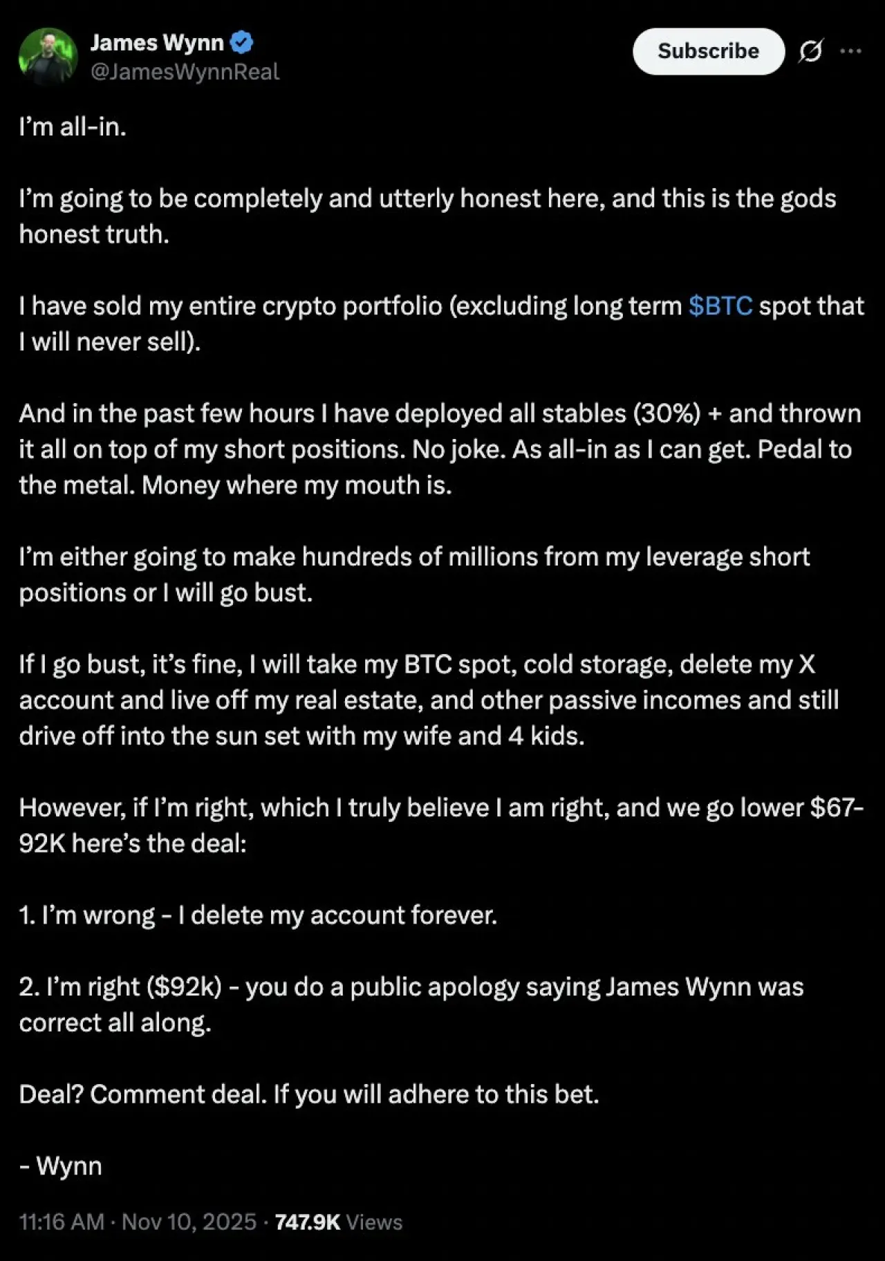 James Wynn: Bitcoin Kısa Pozisyonunda 12 Saatte 12 Kez Tasfiye Olmasına Rağmen "Tamamen Kısa" Kalmaya Devam Ediyor James Wynn: Bitcoin Kısa Pozisyonunda 12 Saatte 12 Kez Tasfiye Olmasına Rağmen "Tamamen Kısa" Kalmaya Devam Ediyor
