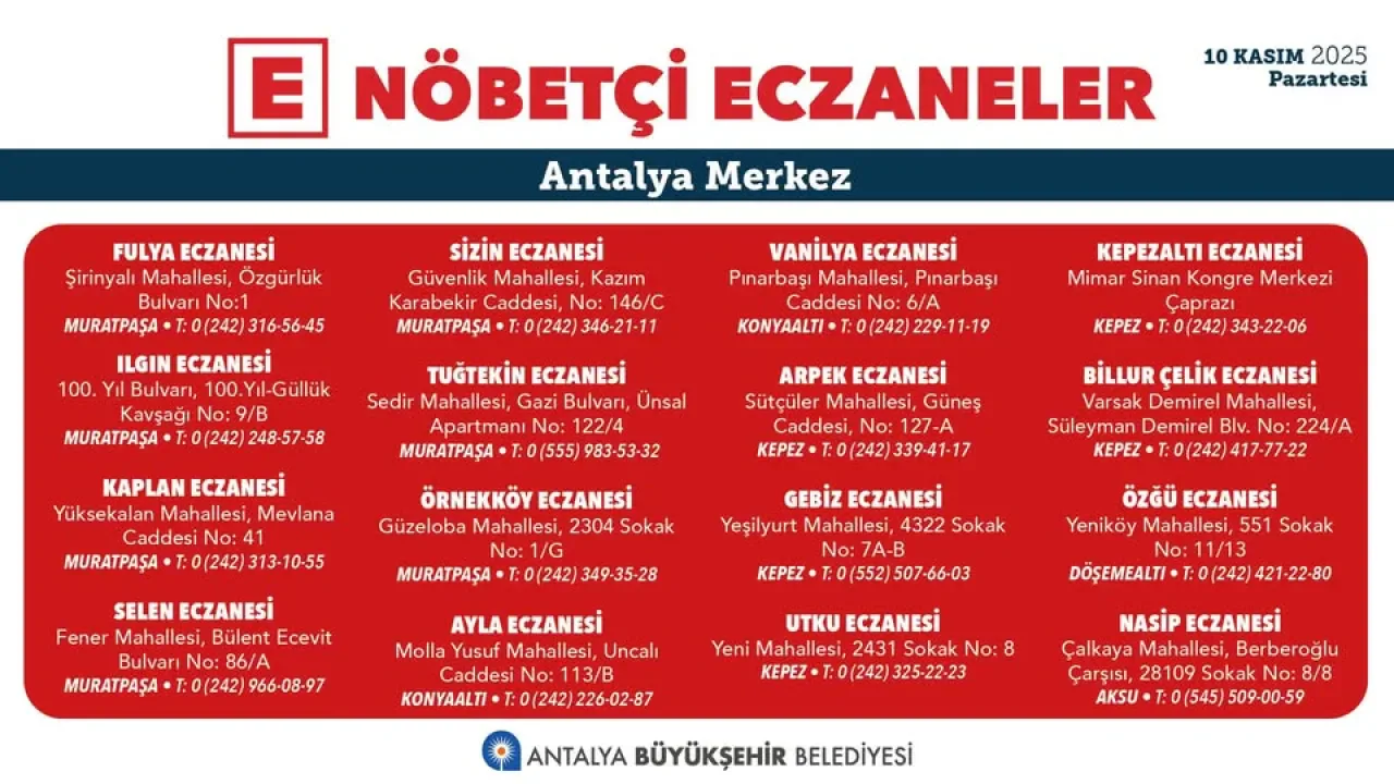Antalya'da 10 Kasım'da Hizmet Verecek Nöbetçi Eczaneler Açıklandı Antalya'da 10 Kasım'da Hizmet Verecek Nöbetçi Eczaneler Açıklandı