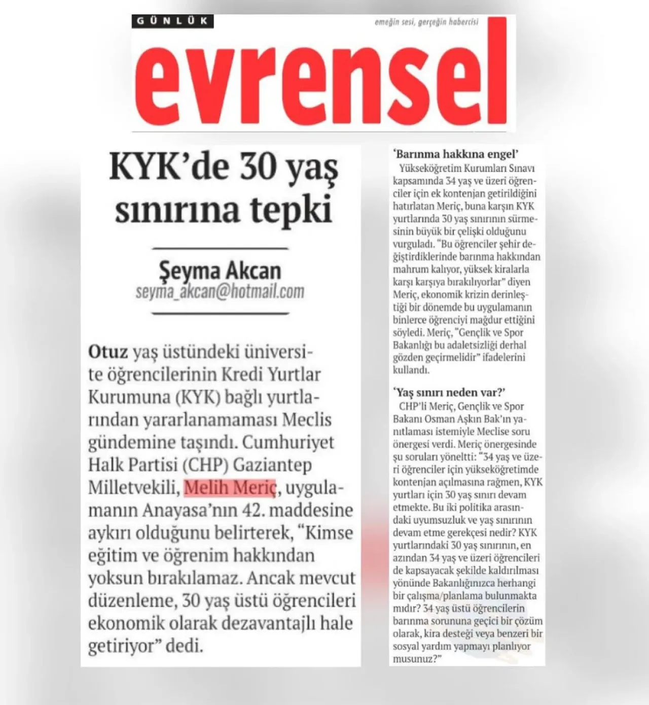 Gaziantep Milletvekili Melih Meriç'ten KYK Yurtlarındaki Yaş Sınırı İtirazı Gaziantep Milletvekili Melih Meriç'ten KYK Yurtlarındaki Yaş Sınırı İtirazı