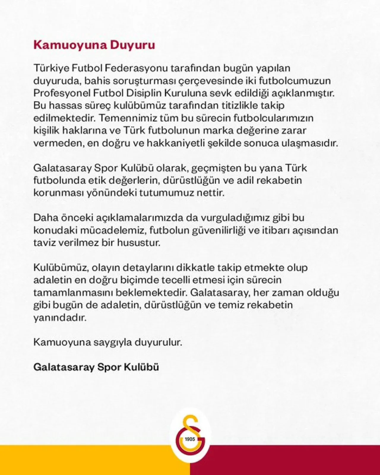 Galatasaray'dan Dürüstlük ve Adil Rekabet Vurgusu Galatasaray'dan Dürüstlük ve Adil Rekabet Vurgusu