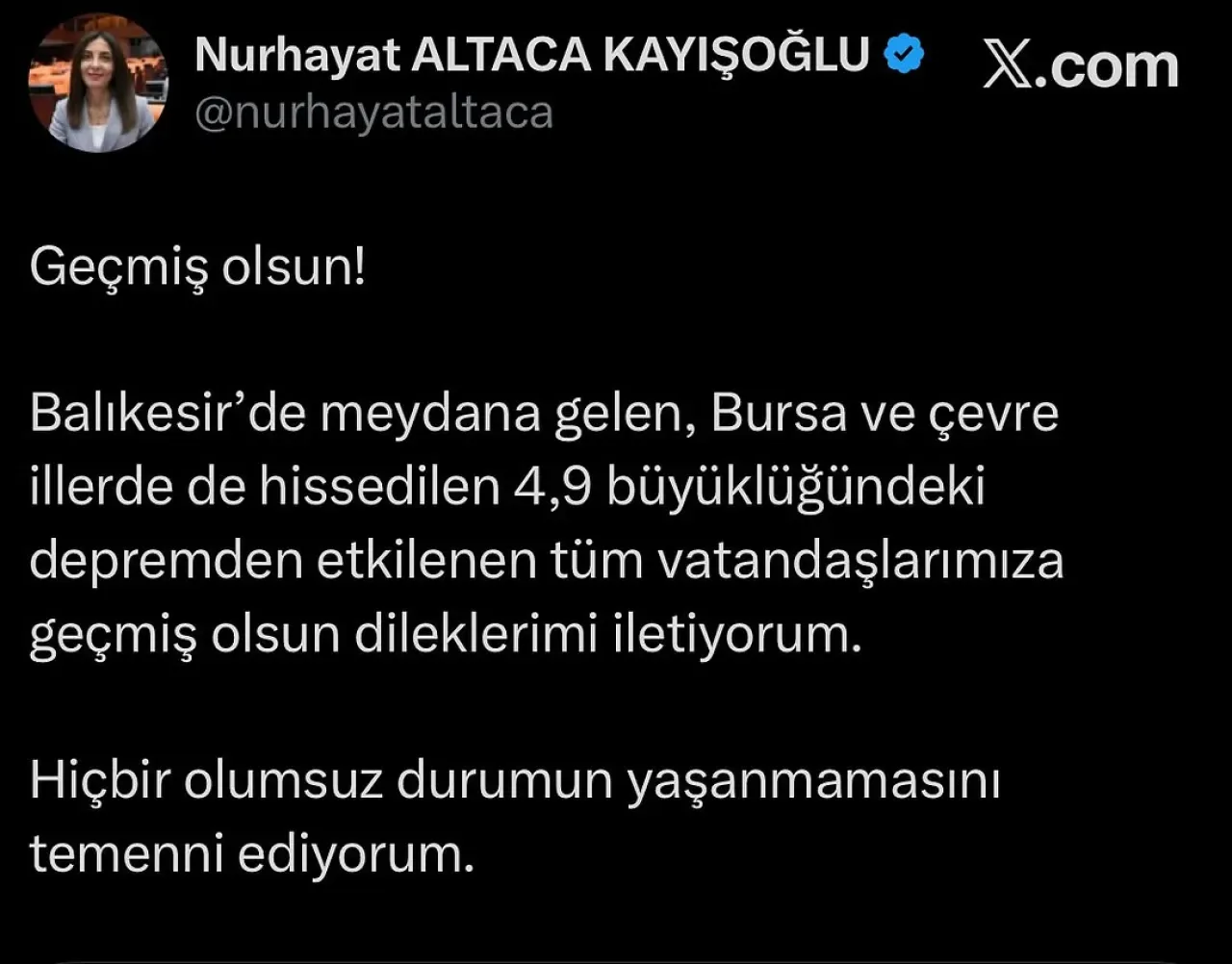 CHP'li Altaca Kayışoğlu, Balıkesir Depremi Sonrası Geçmiş Olsun Mesajı Yayımladı CHP'li Altaca Kayışoğlu, Balıkesir Depremi Sonrası Geçmiş Olsun Mesajı Yayımladı