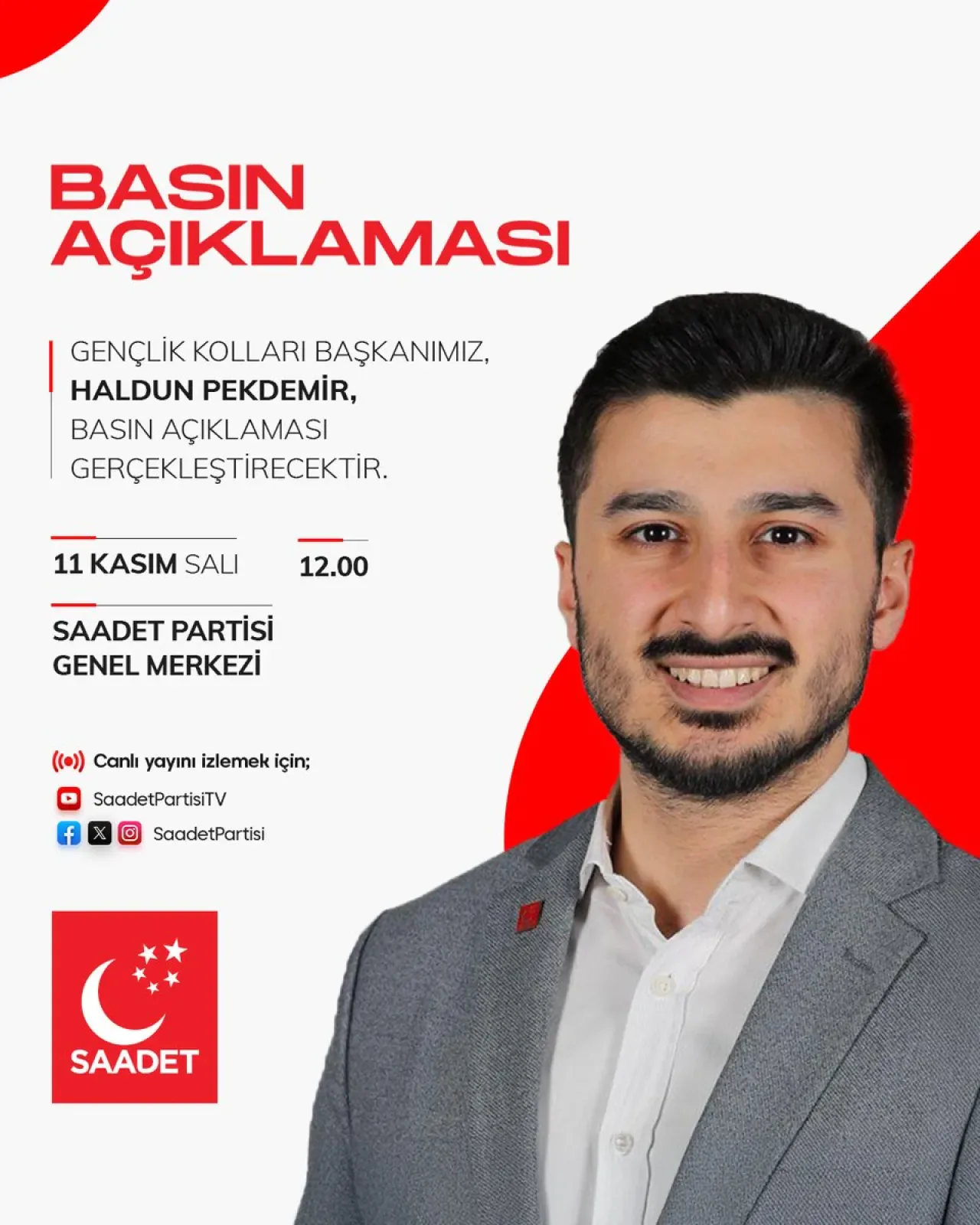 Saadet Partisi Gençlik Kolları Başkanı Pekdemir'den Basın Açıklaması Saadet Partisi Gençlik Kolları Başkanı Pekdemir'den Basın Açıklaması