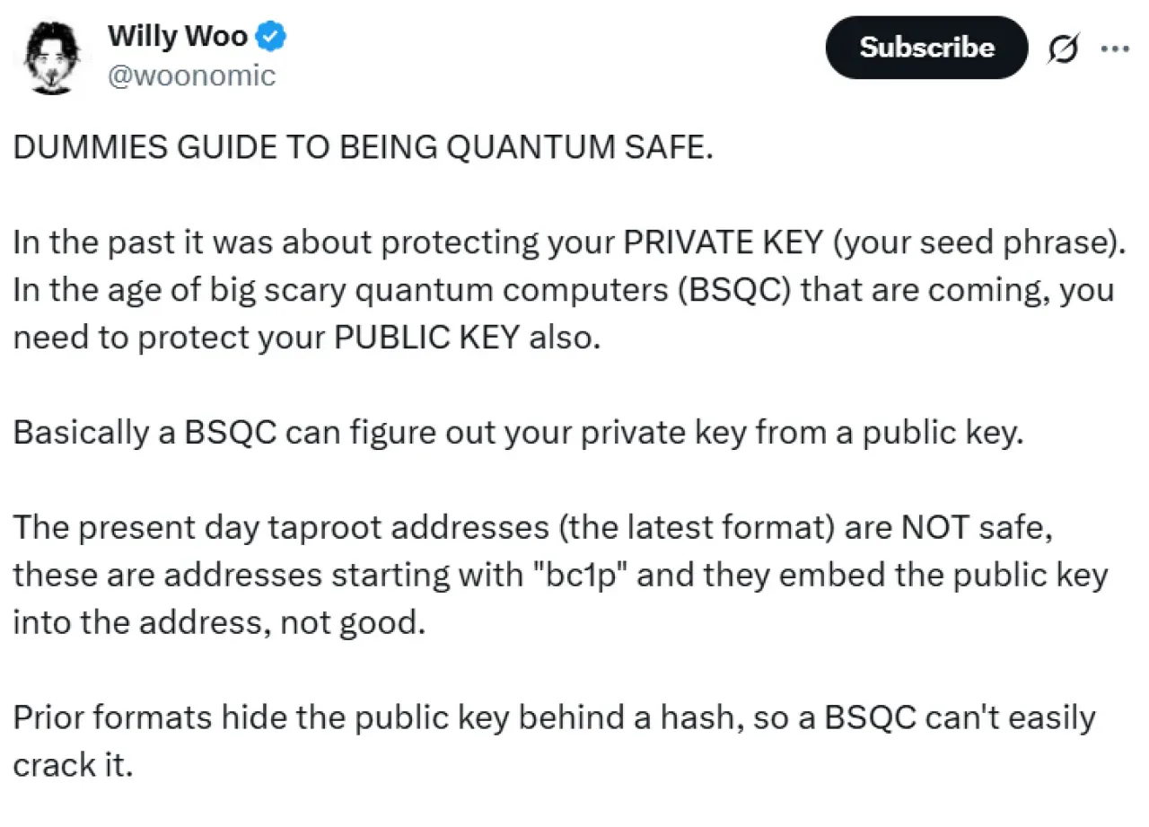 Bitcoin'in Kuantum Tehdidi: Uzman Willy Woo'dan SegWit Cüzdan Uyarısı ve Çözüm Önerileri Bitcoin'in Kuantum Tehdidi: Uzman Willy Woo'dan SegWit Cüzdan Uyarısı ve Çözüm Önerileri