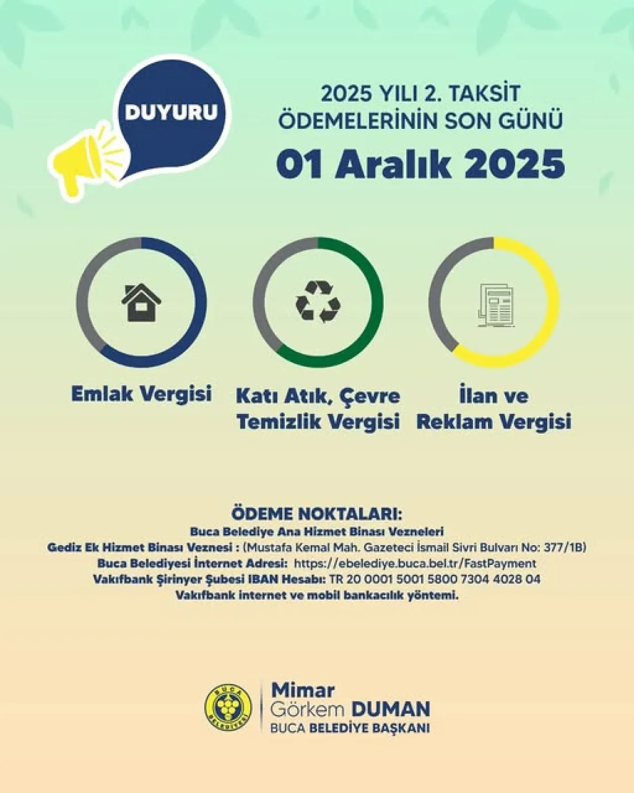 Buca'da Emlak ve Çevre Vergisi İkinci Taksit Ödemeleri İçin Son Tarih 1 Aralık Buca'da Emlak ve Çevre Vergisi İkinci Taksit Ödemeleri İçin Son Tarih 1 Aralık