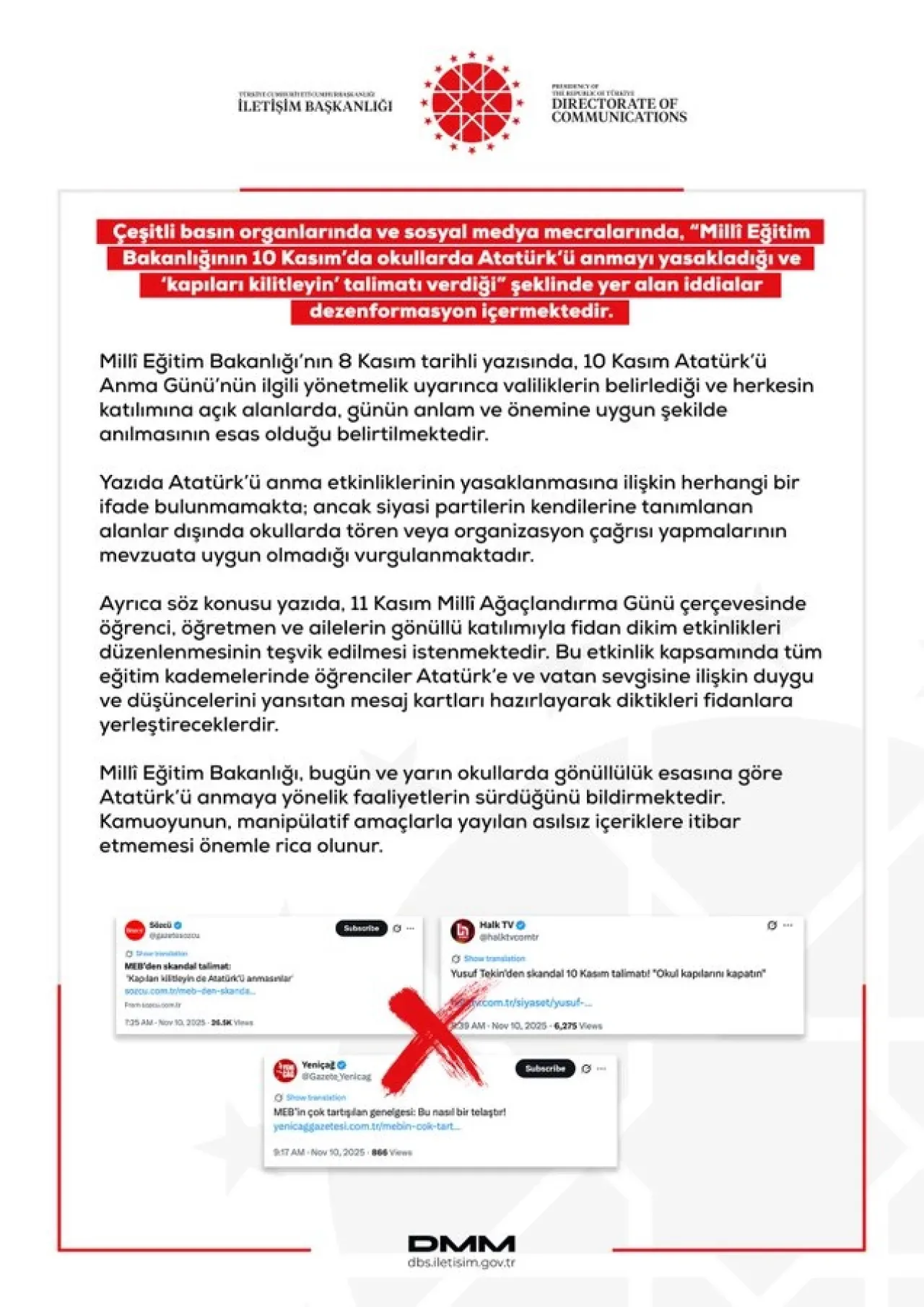 Millî Eğitim Bakanlığı'ndan 10 Kasım Yasaklaması İddialarına Yanıt Millî Eğitim Bakanlığı'ndan 10 Kasım Yasaklaması İddialarına Yanıt