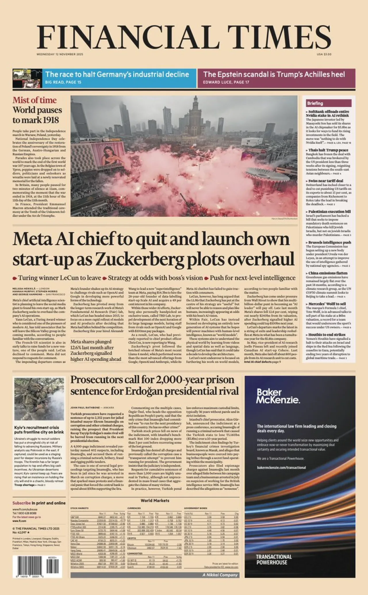 Financial Times, 12 Kasım Çarşamba Günü Uluslararası Baskısının Ön Sayfasını Yayınladı Financial Times, 12 Kasım Çarşamba Günü Uluslararası Baskısının Ön Sayfasını Yayınladı