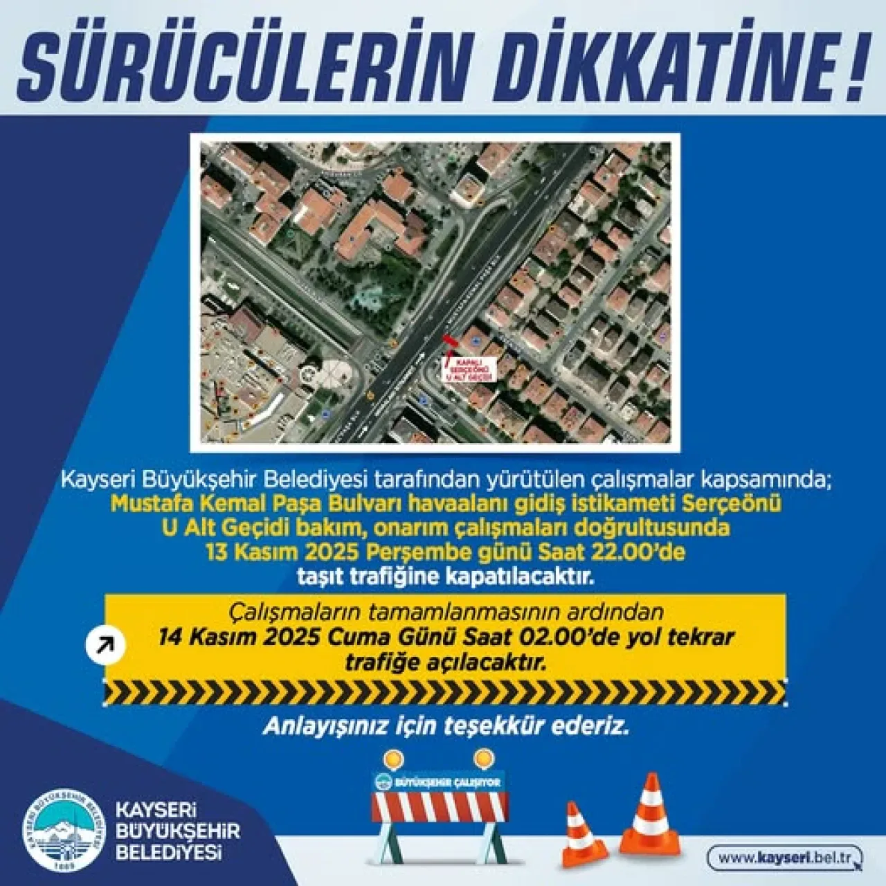 Kayseri'de Mustafa Kemal Paşa Bulvarı'nda Gece Trafik Kapanışı Kayseri'de Mustafa Kemal Paşa Bulvarı'nda Gece Trafik Kapanışı