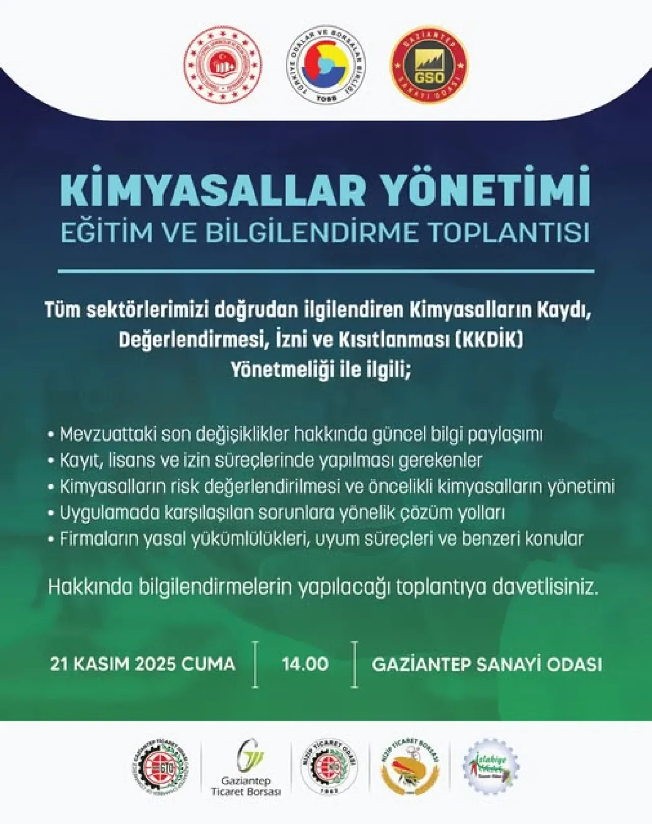 Gaziantep'te Kimyasallar Yönetimi Eğitim Toplantısı Düzenlenecek Gaziantep'te Kimyasallar Yönetimi Eğitim Toplantısı Düzenlenecek