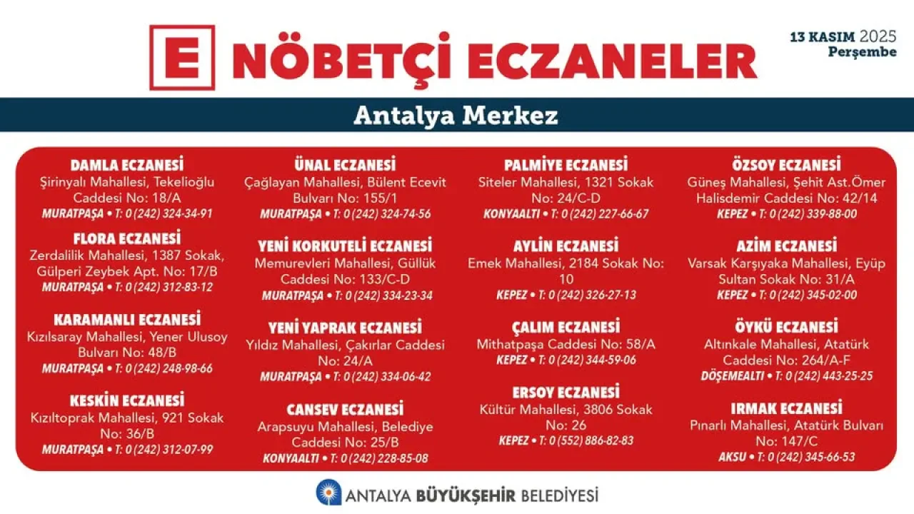 Antalya'da 13 Kasım 2025 Günü Hangi Eczaneler Nöbetçi? Antalya'da 13 Kasım 2025 Günü Hangi Eczaneler Nöbetçi?